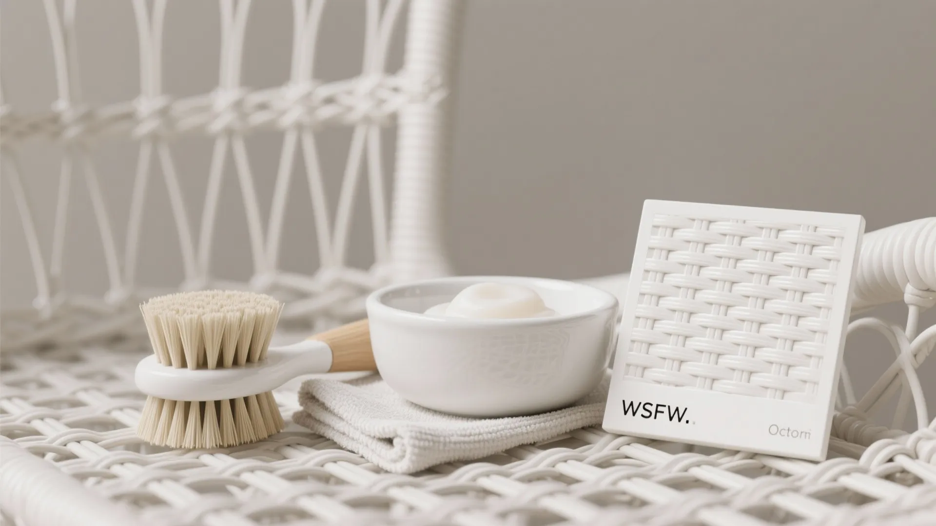 Cleaning brush and white bowl on a woven chair with a small square material sample