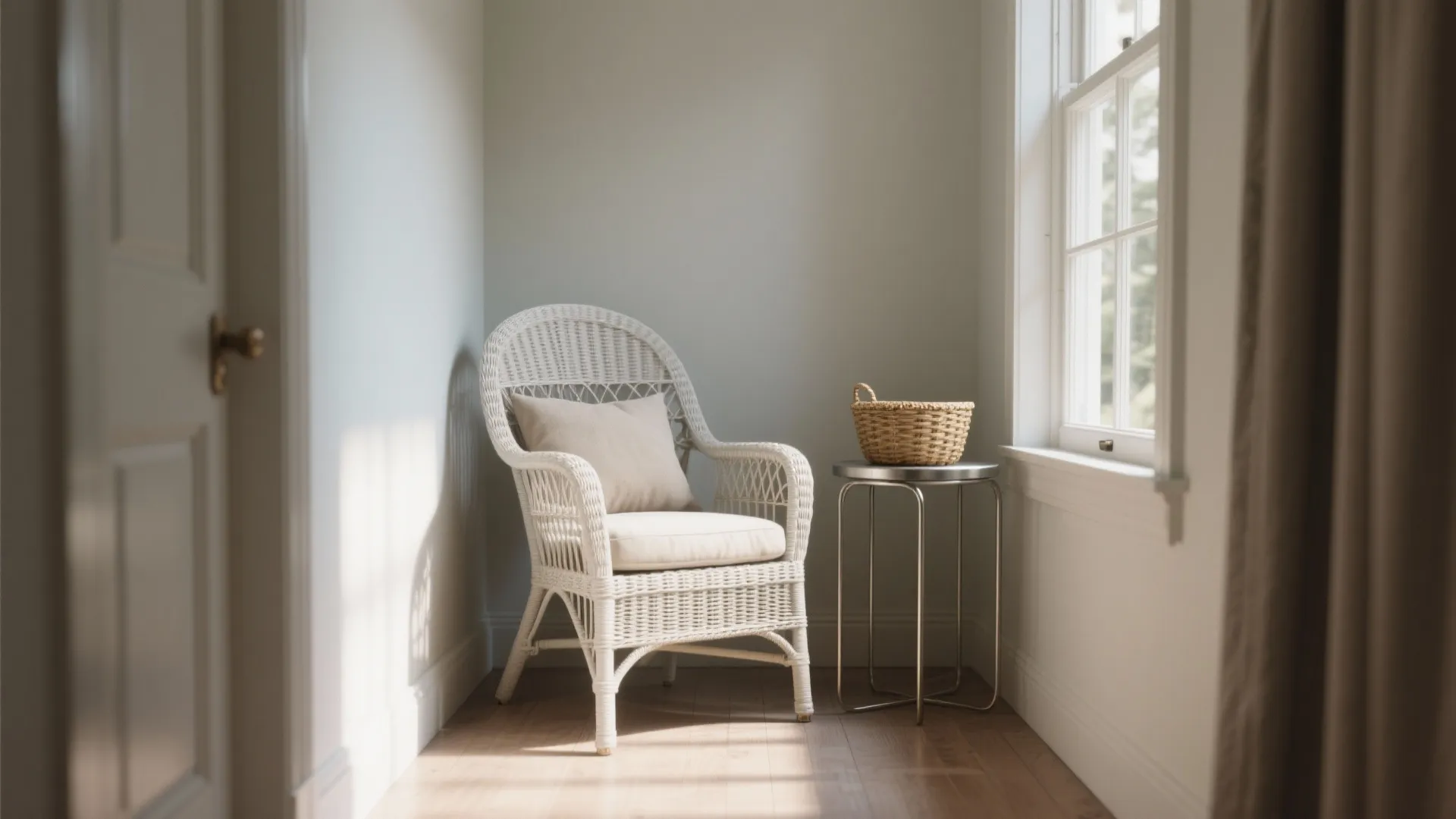 White wicker corner chair with a metal side table and woven basket in a narrow room