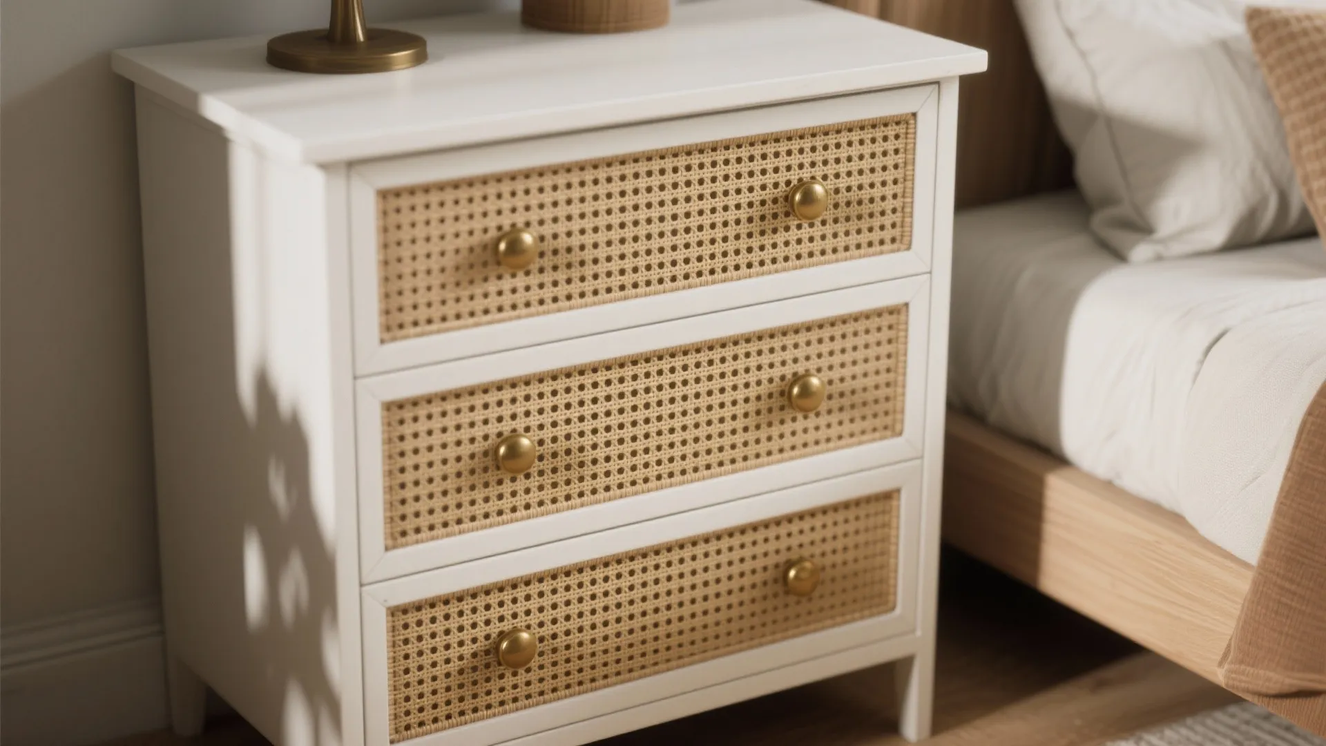 Dresser with wicker-front drawers showing weave detail and brass knobs