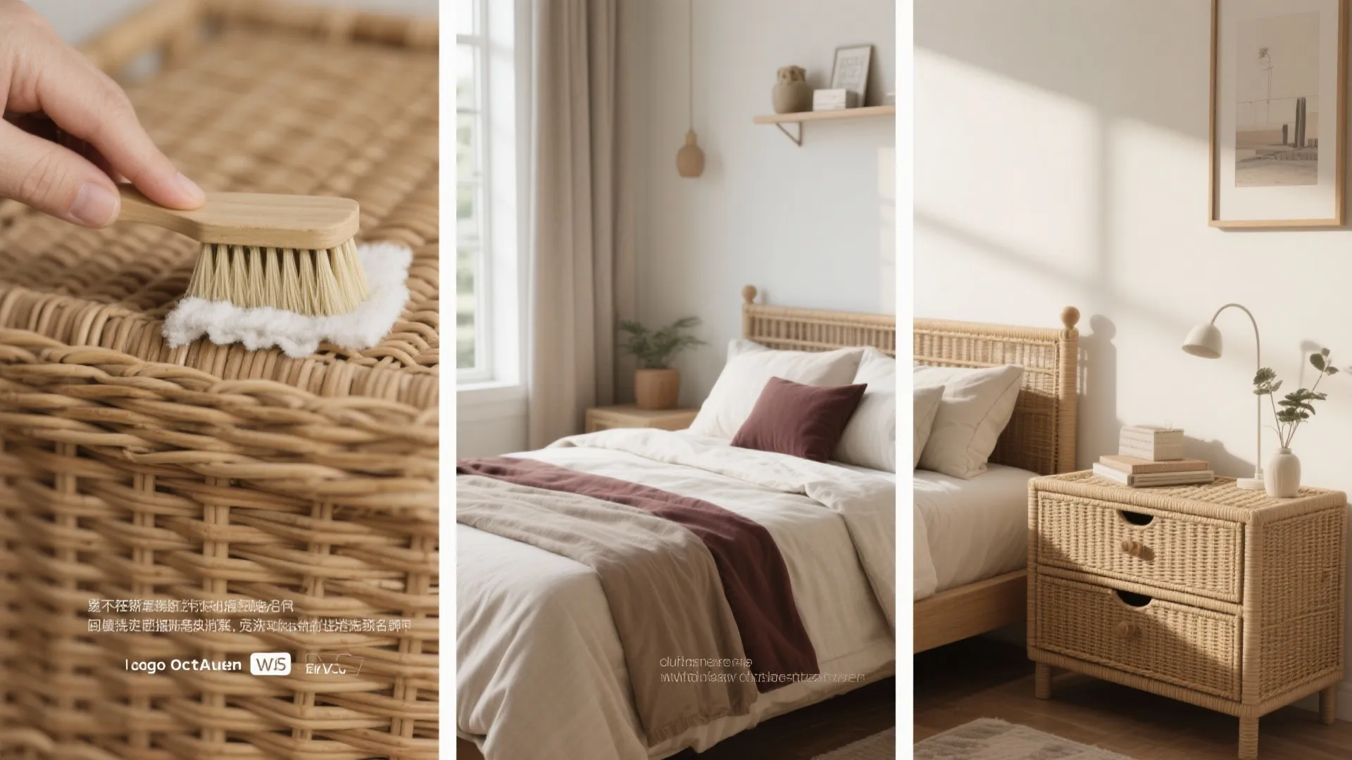 Montage showing wicker care, synthetic wicker for humidity, bedding color options and wicker-front drawers
