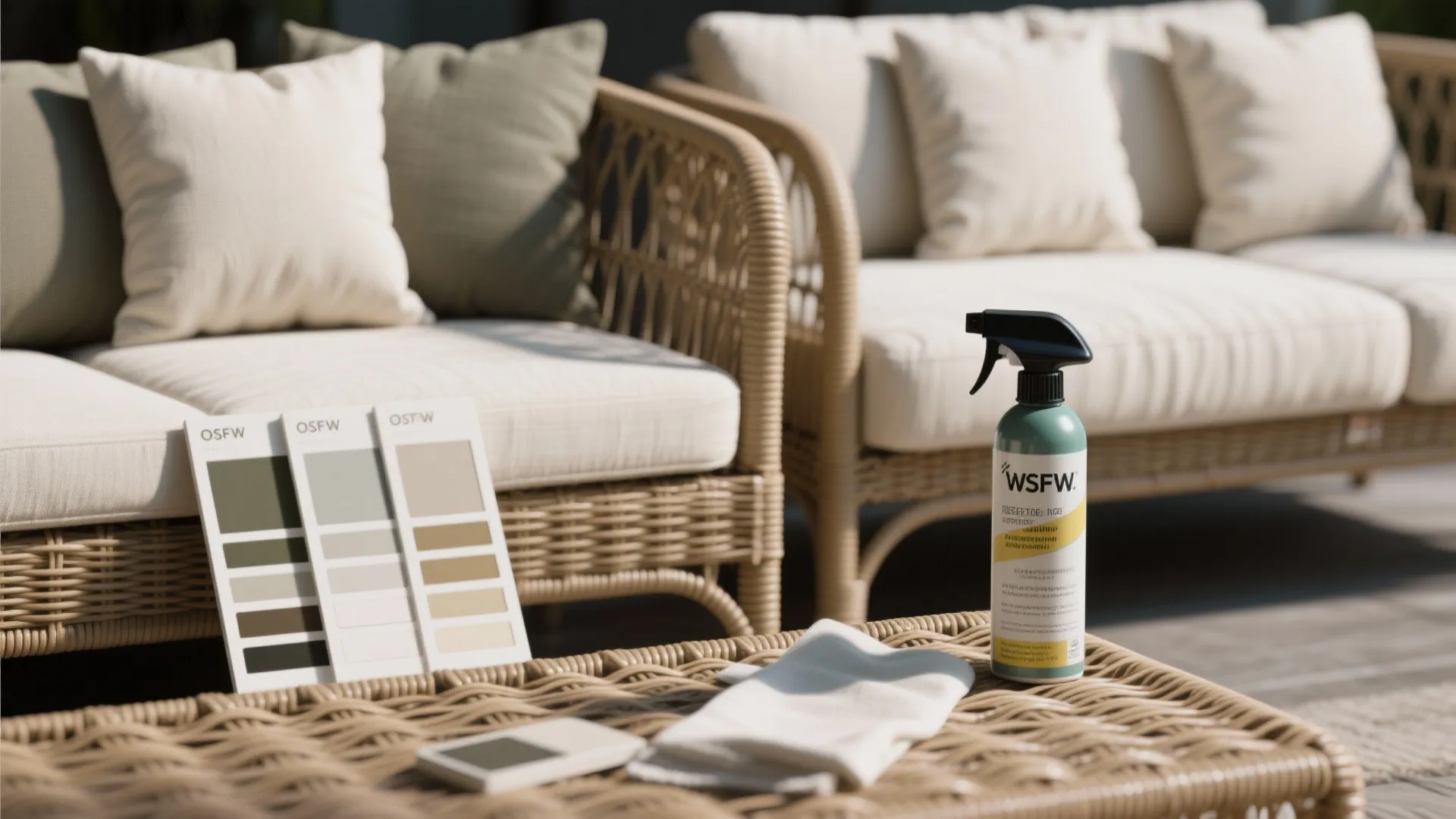 Sealed wicker finish swatches and fabric protector near linen cushions to show cleanable options
