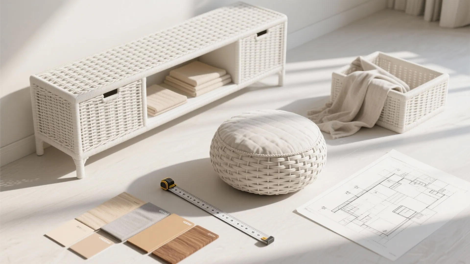Floor layout with white woven bench round footrest storage basket tape measure and house design drawing