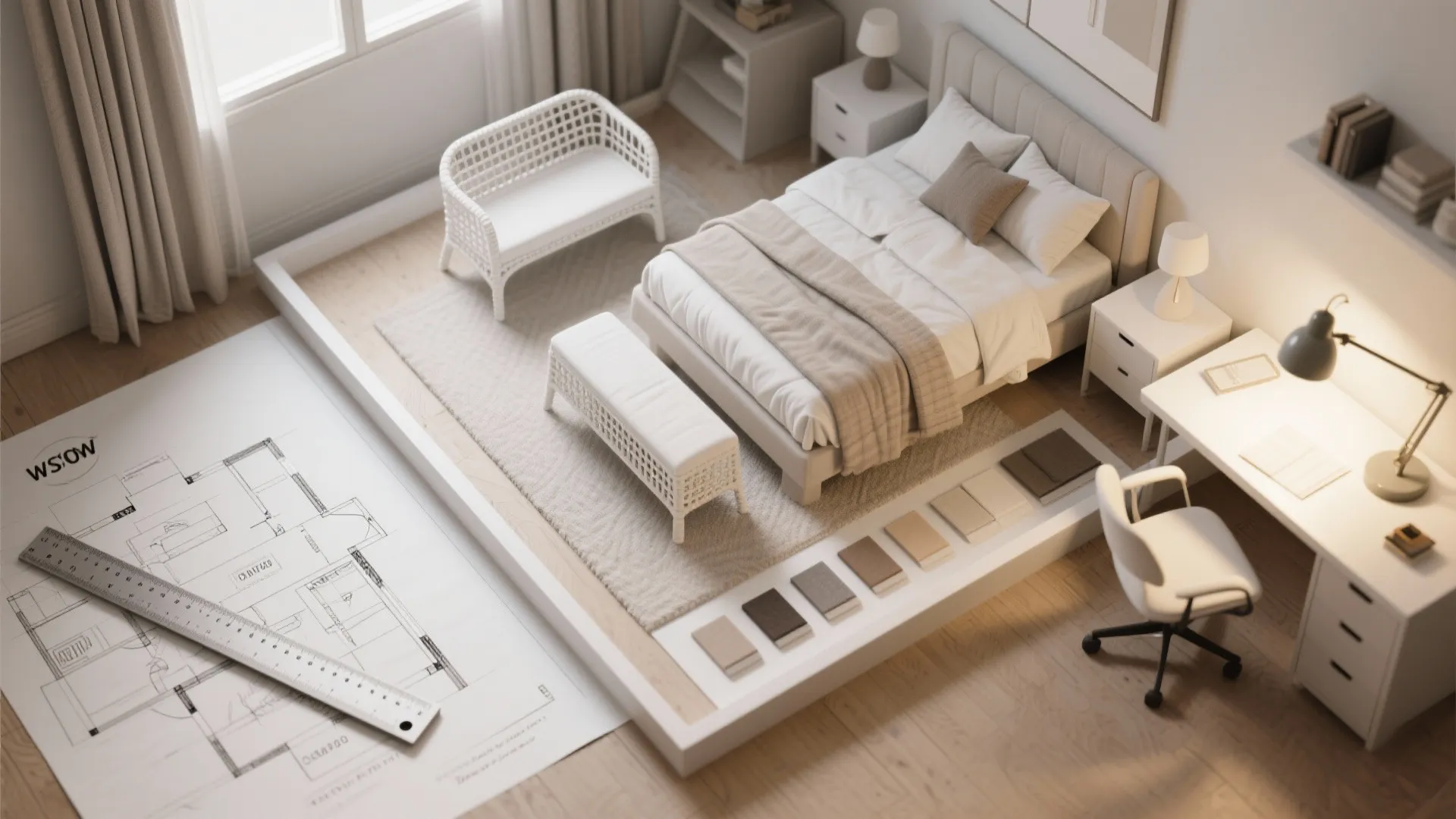 Top view interior design drawing of a bedroom next to a floor plan and ruler