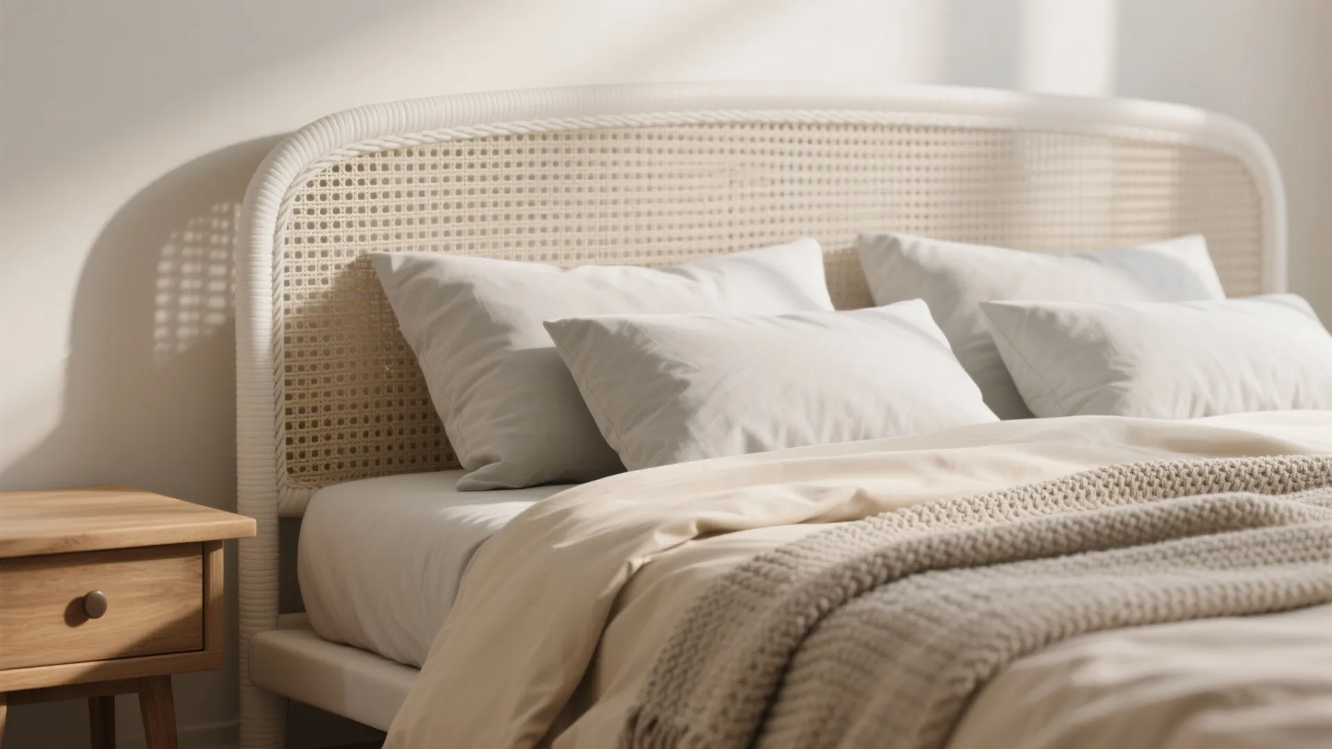 Neutral bedroom with woven headboard white pillows soft beige bedding and small wooden bedside table