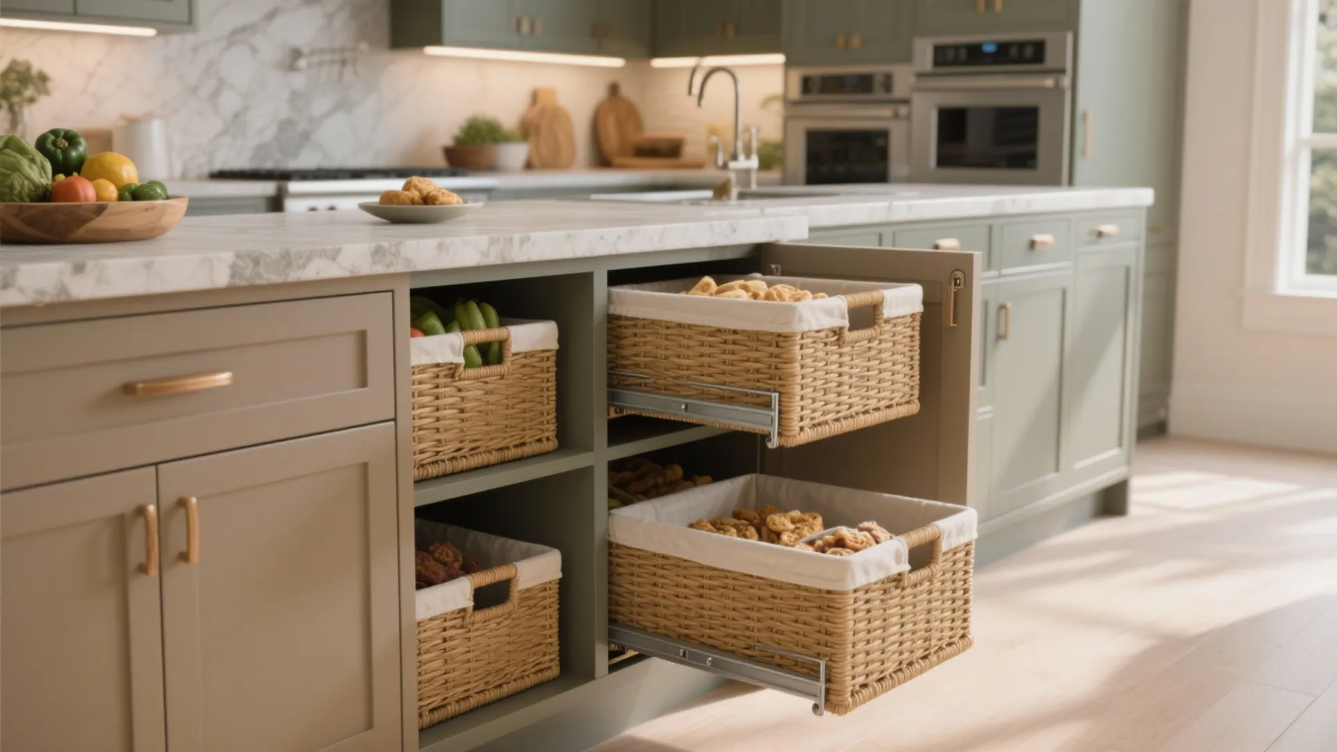 Modern kitchen with green cabinets and pull-out wicker baskets for storage under white marble countertop