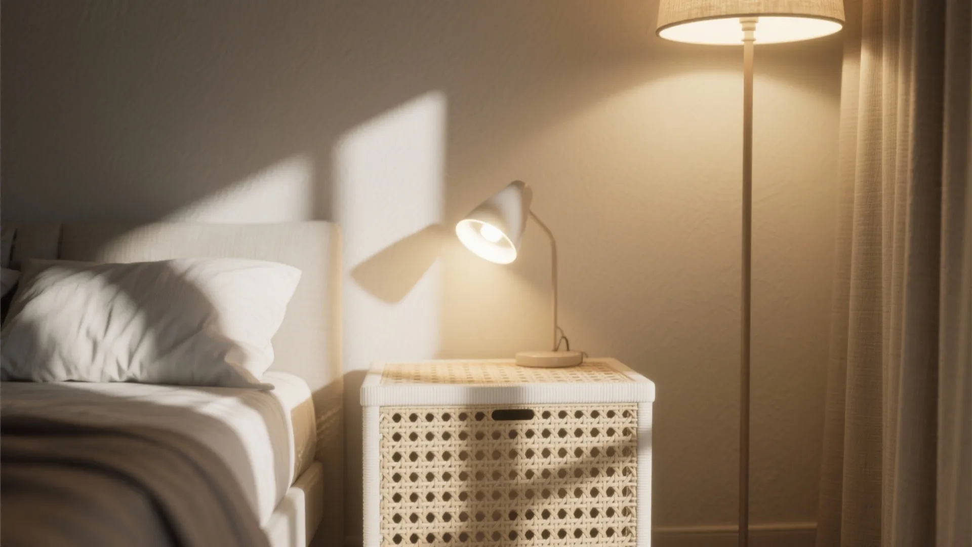 Warm bedroom scene featuring a white desk lamp on a woven nightstand and floor light