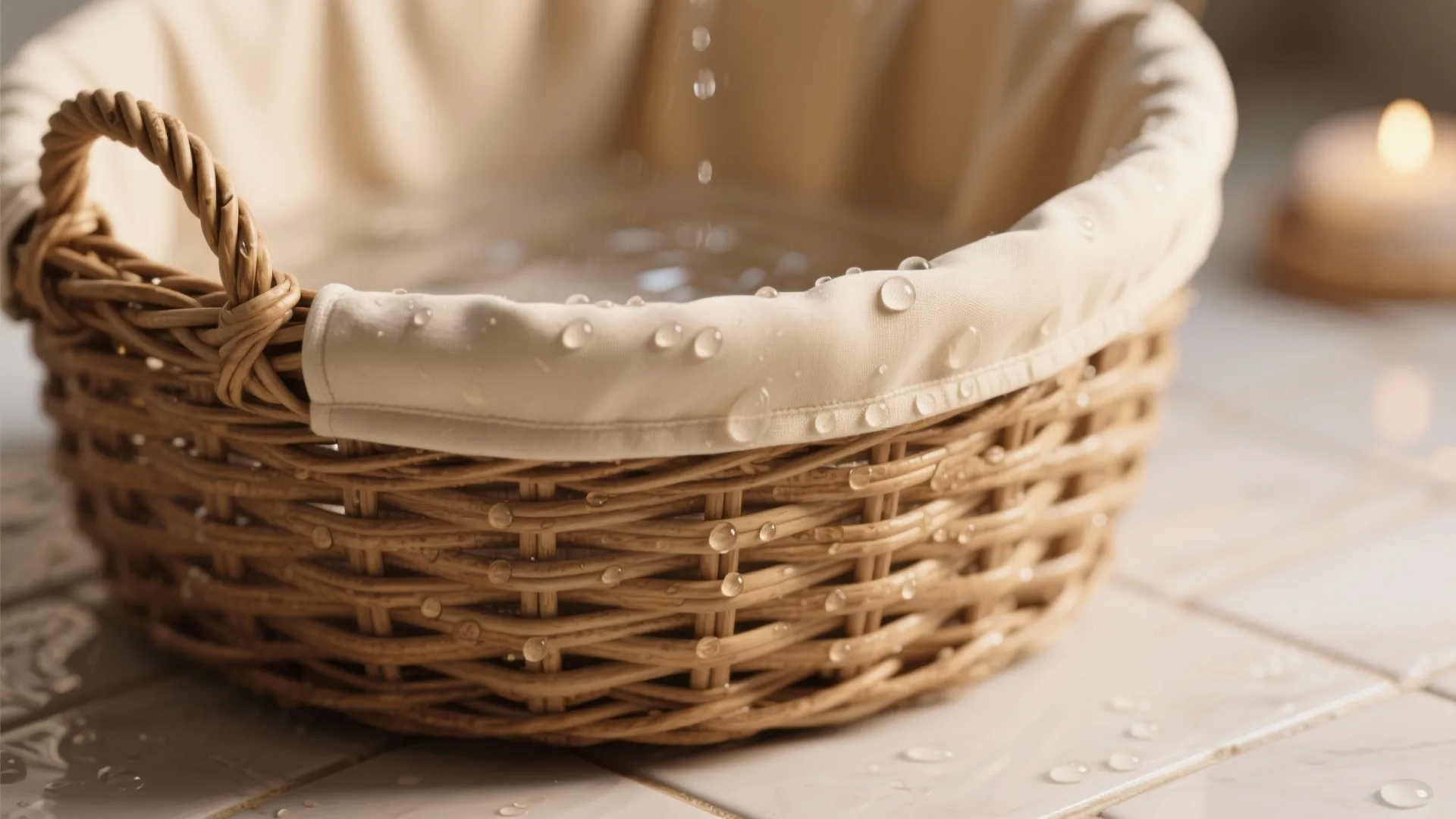 Round brown woven basket with beige cloth liner and water drops on a tiled bathroom floor