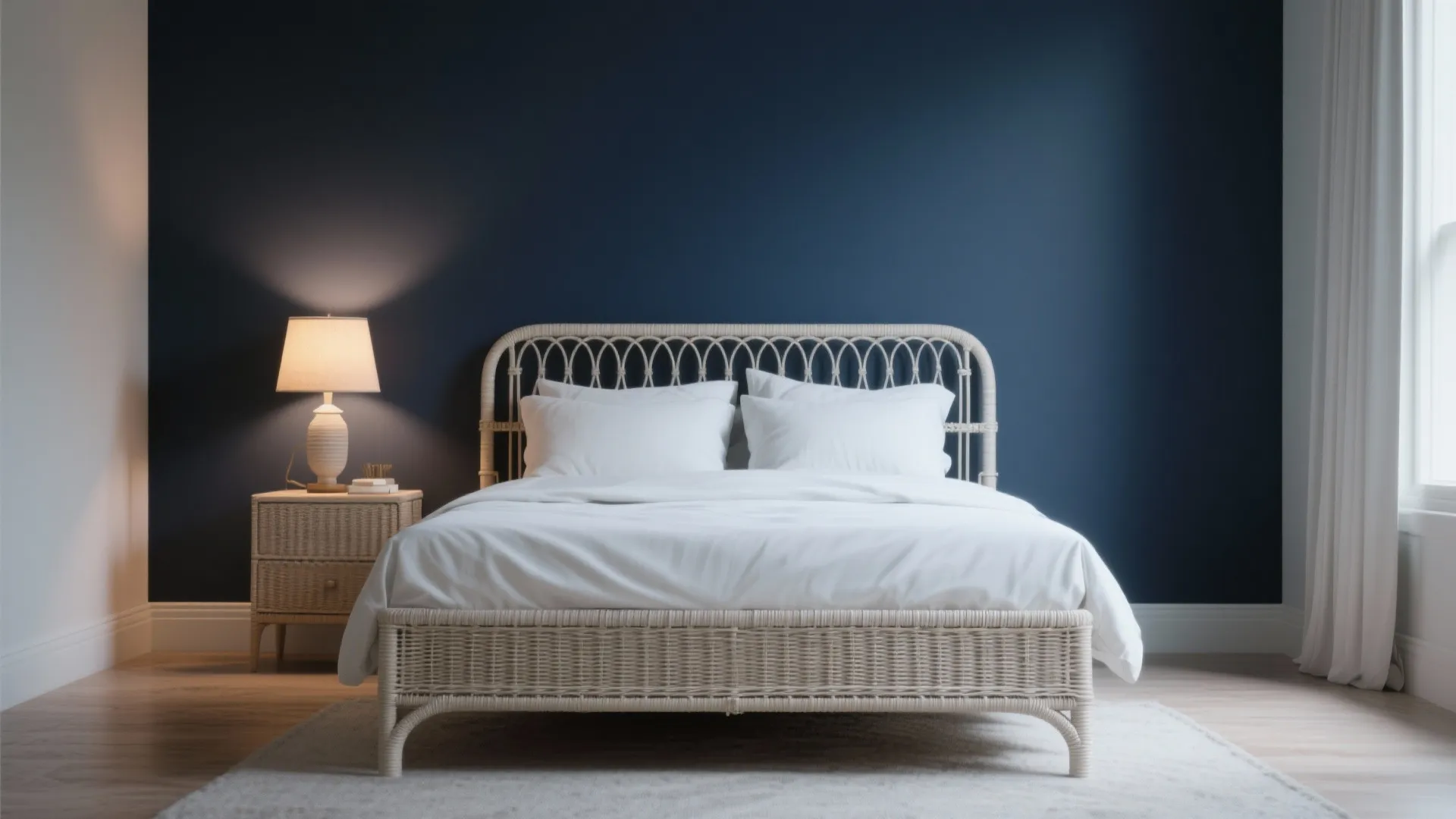 White wicker bed placed before a deep navy accent wall with warm lighting