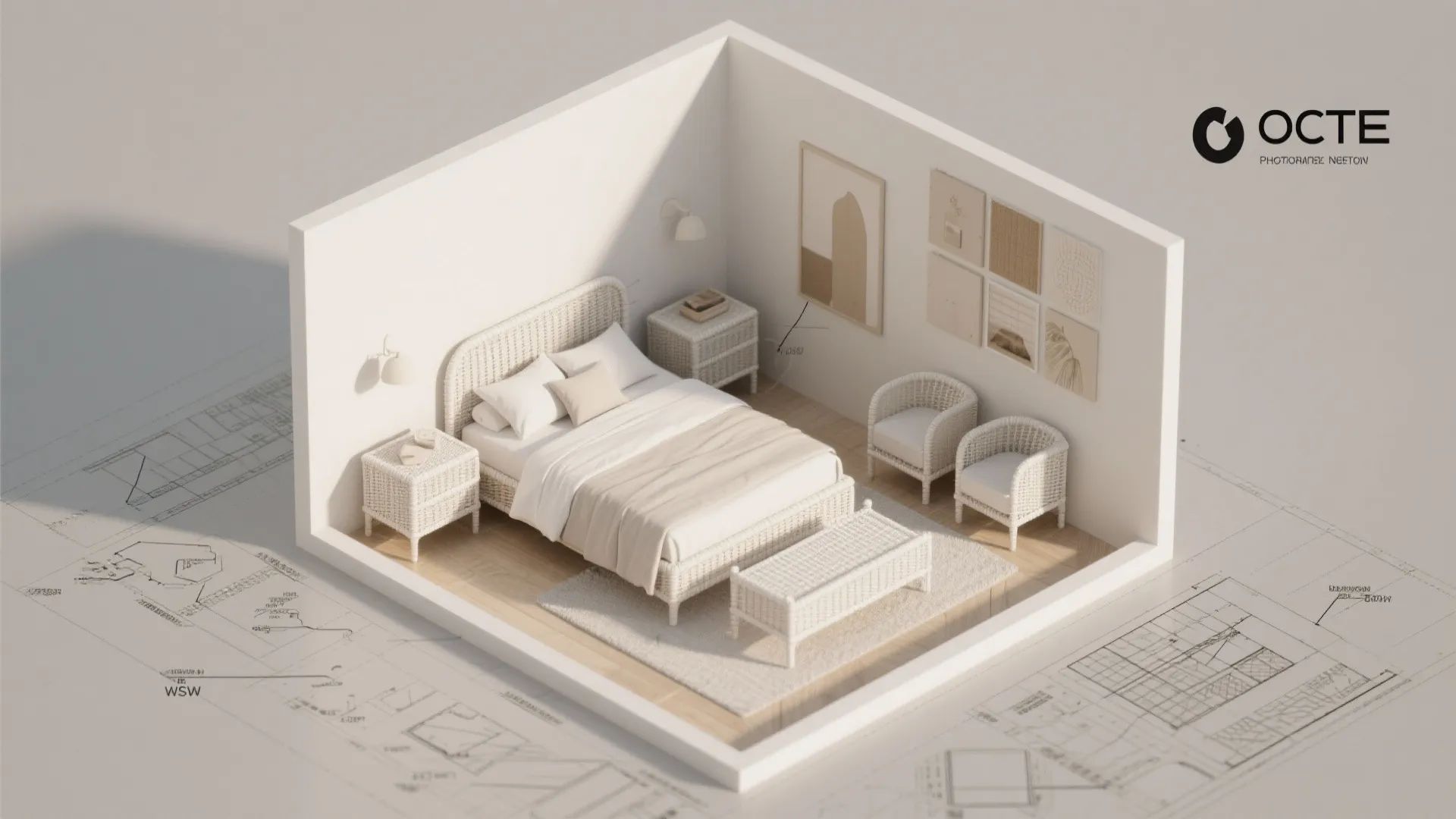 Top-down room planner layout showing placement of white wicker furniture in a small bedroom