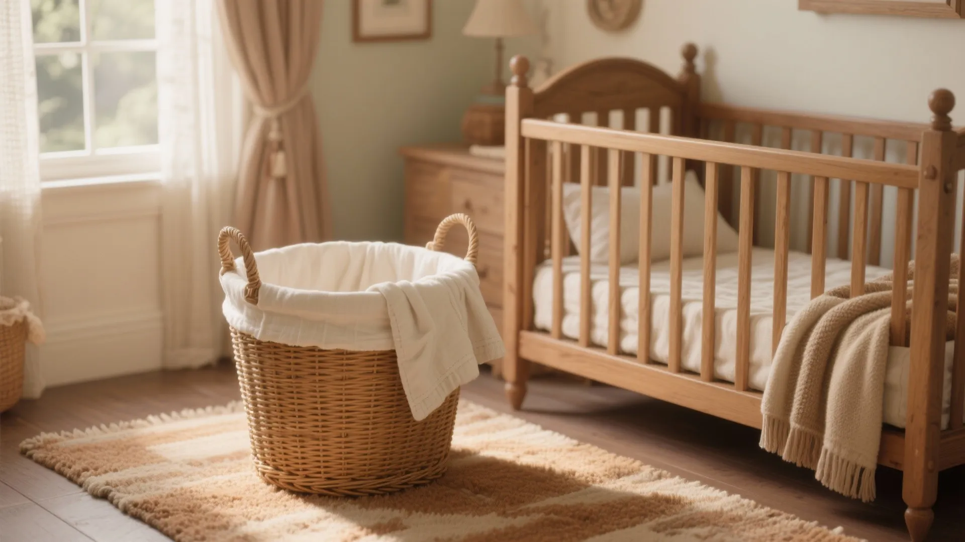 Woven basket with white fabric liner in a sunny baby room next to wooden crib
