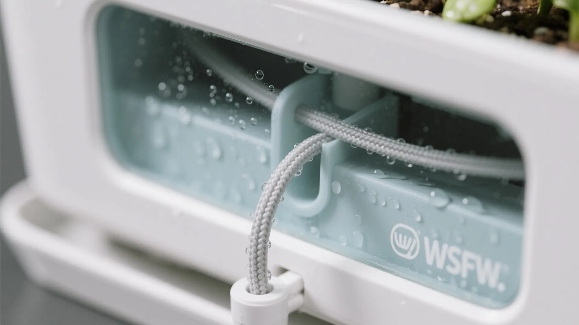 Close-up of wicking cord and sight window on a self-watering planter.