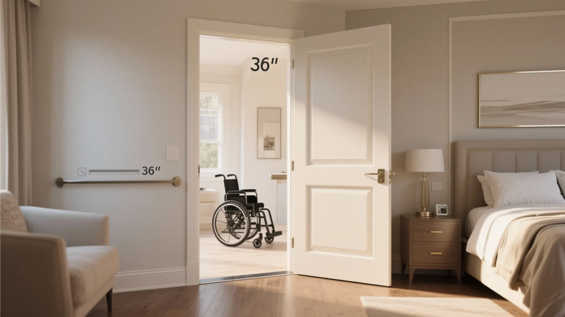 Bedroom entrance with a 36-inch wide door showing ample clearance for accessibility