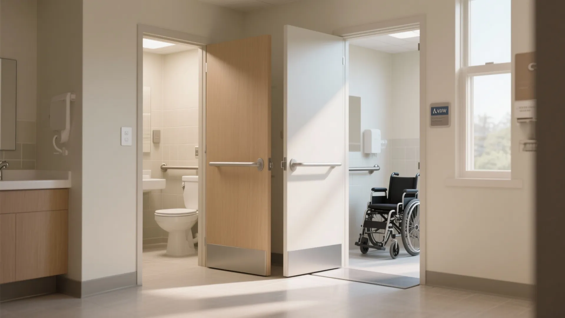 Wide 36-inch bathroom doorway with threshold-free access and visible wheelchair clearance.