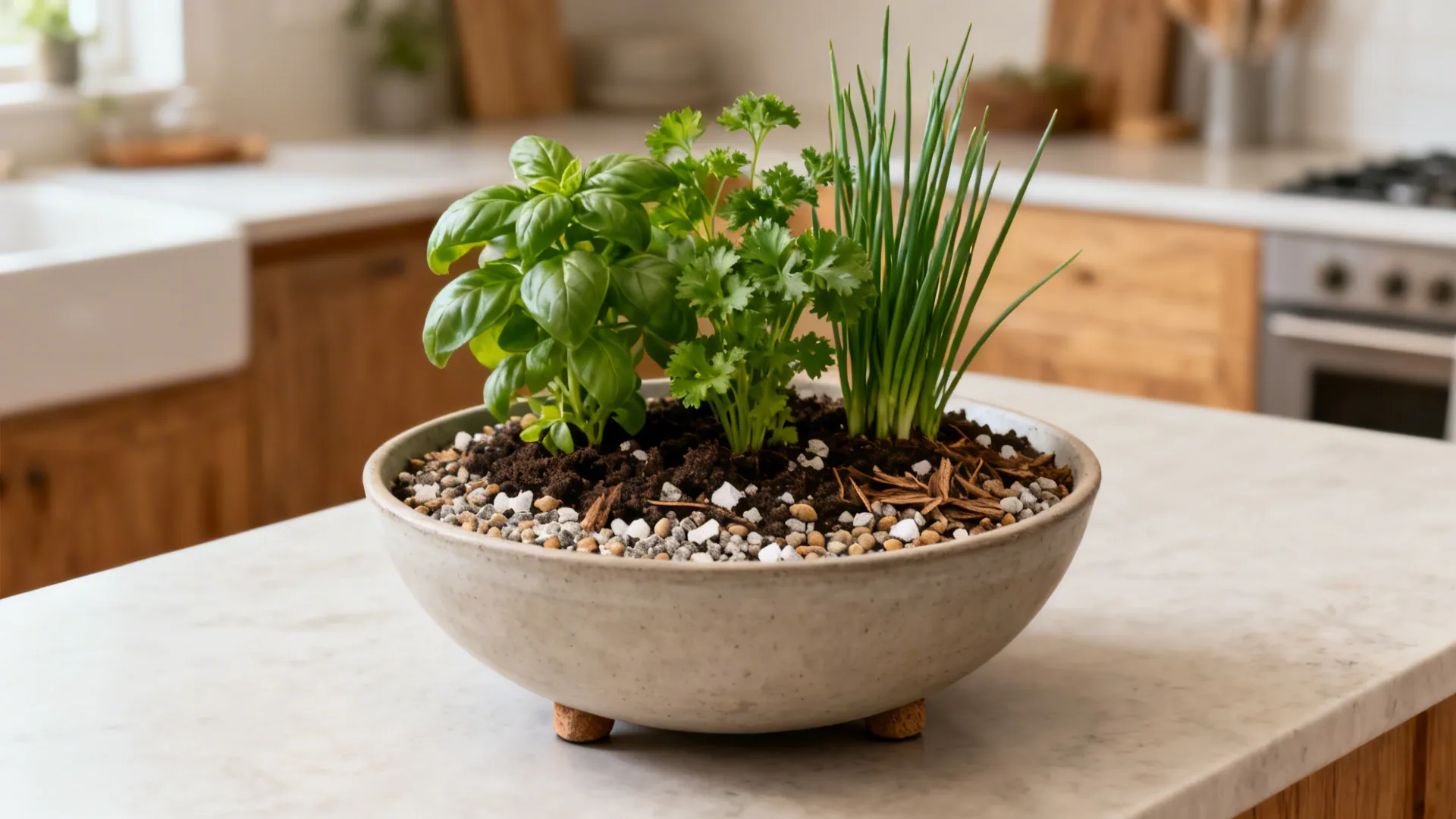 A single low bowl holds basil, parsley, and chives with a clean top-dressed surface.