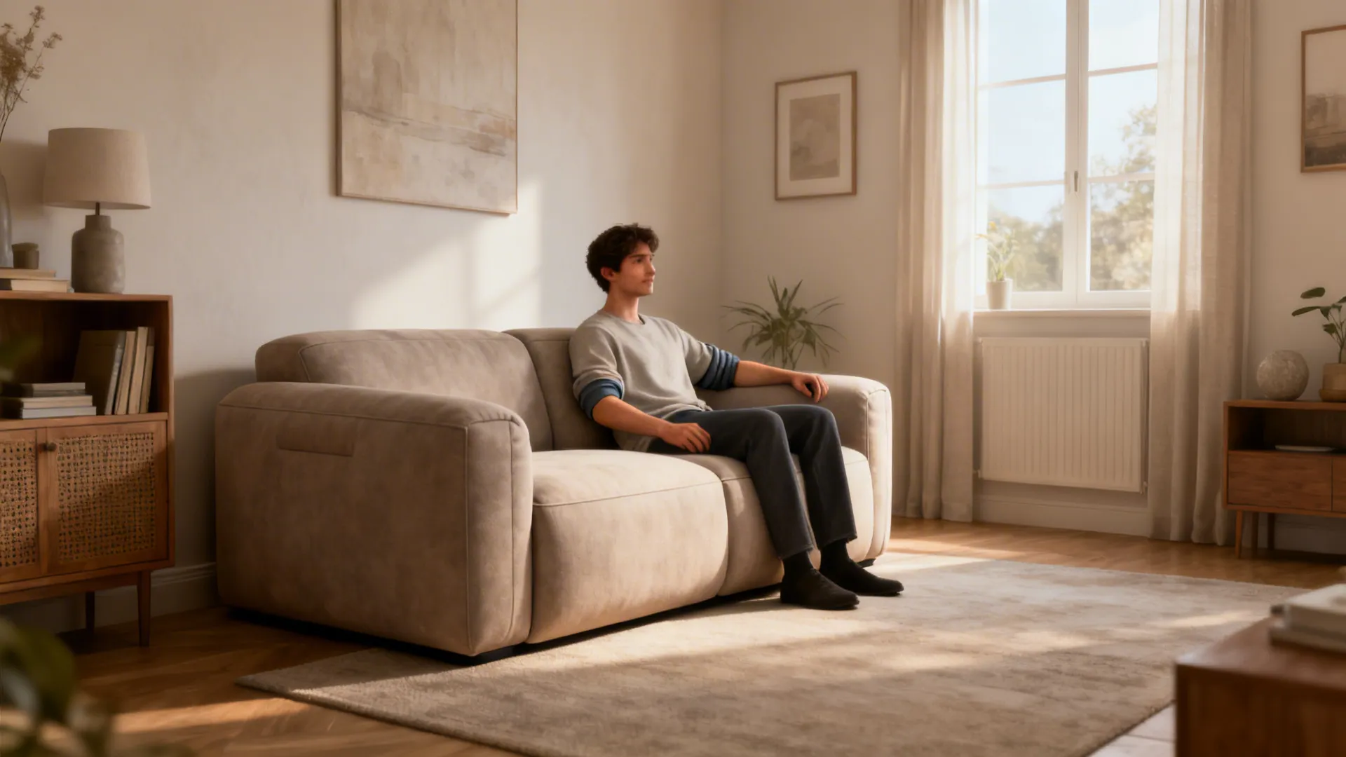 Small living room with a sofa that has wider and deeper seats, showing comfortable seated posture and extra elbow room.