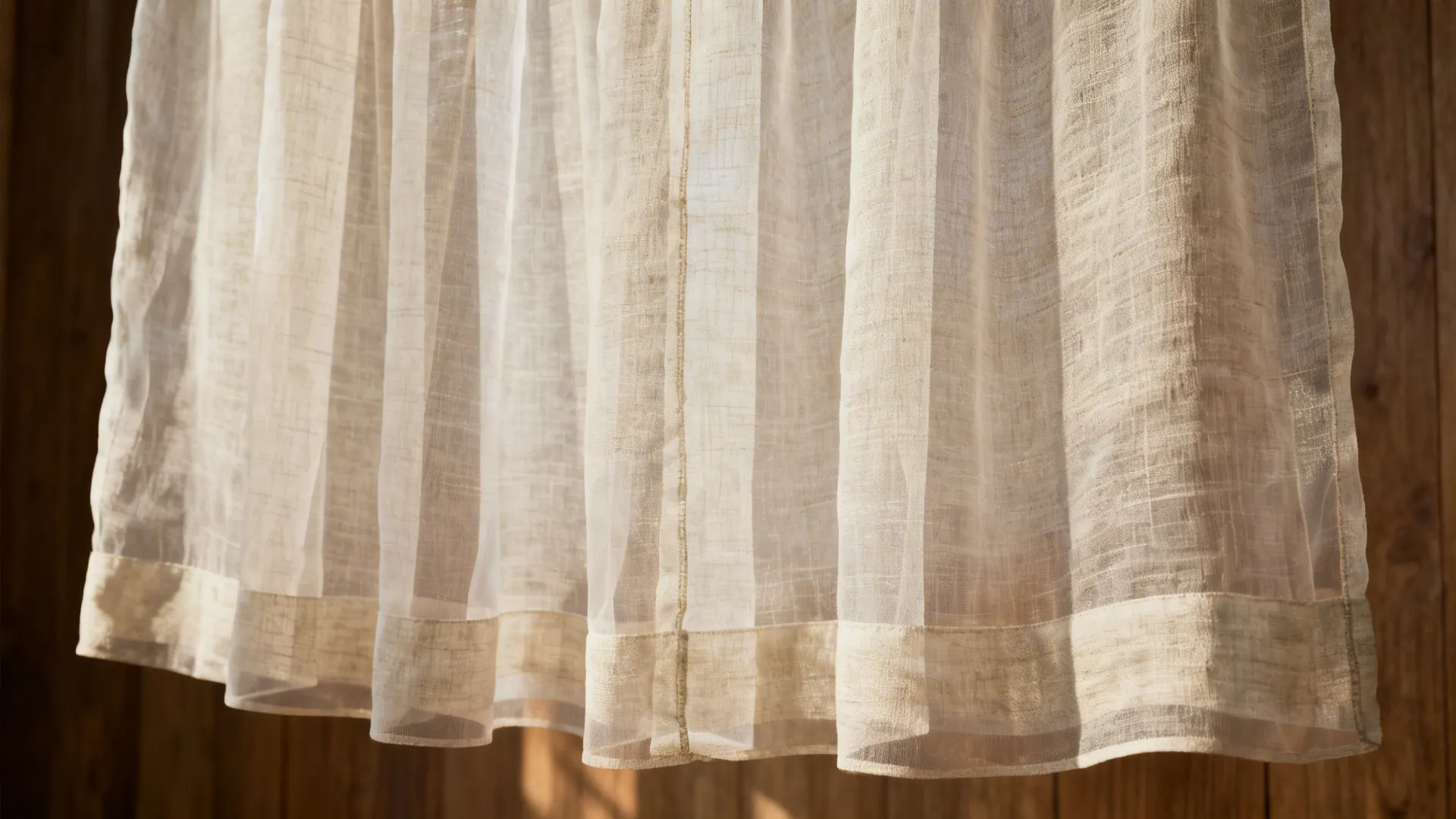 Close-up of wide-width linen blend and voile fabric showing soft drape and minimal seams