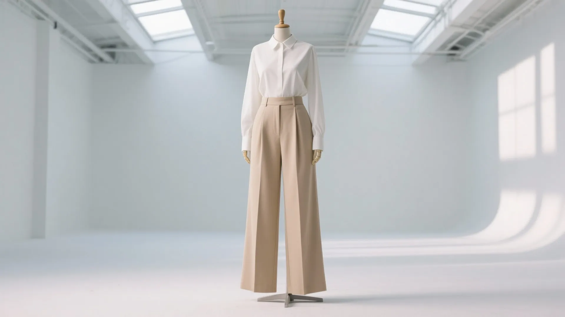 Beige wide-leg trousers and fitted blouse studio display