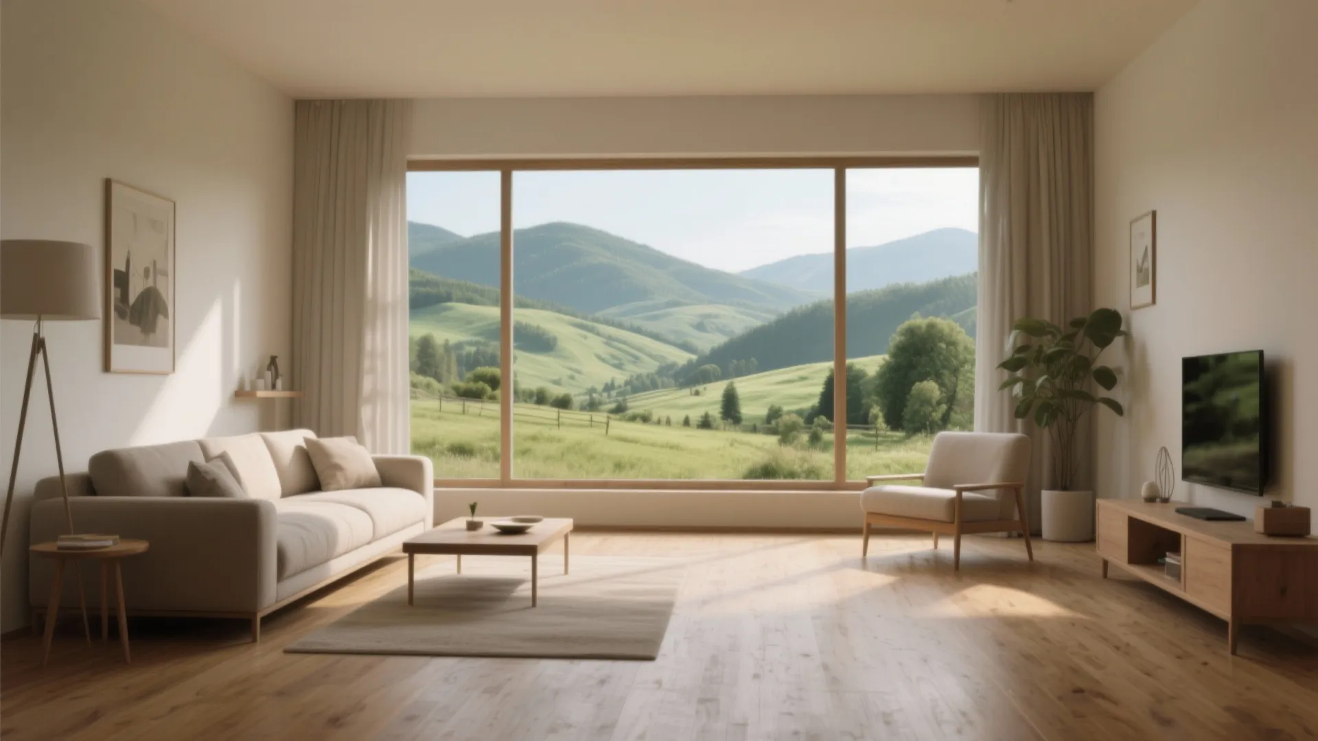 Modern living room featuring a large window with green mountain views sofa and wood flooring
