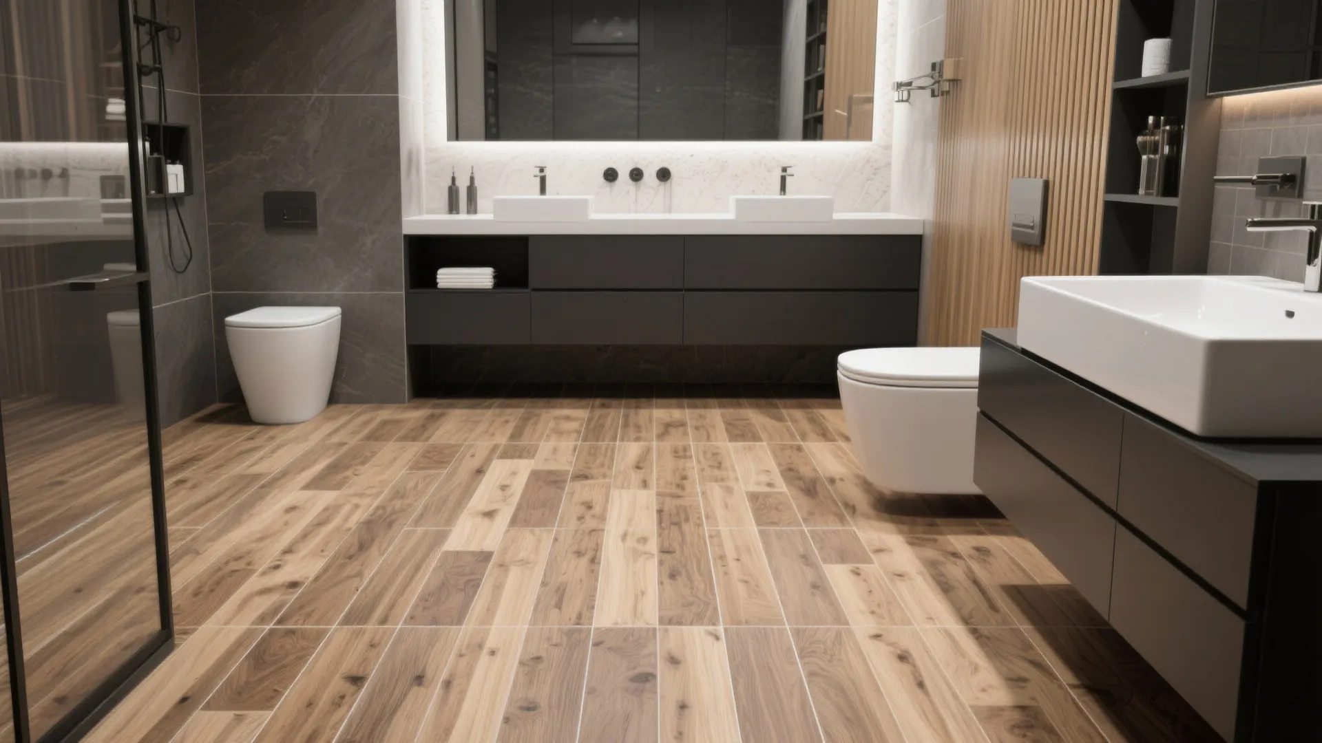 Luxury bathroom with wide wood floor grey wall cabinet white toilet and large lighted mirror