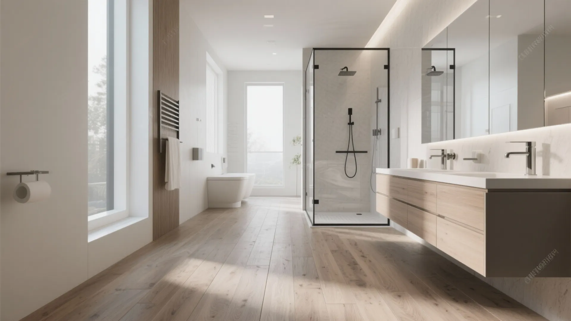 Spacious modern bathroom with wooden floor, glass shower, floating vanity, large windows, and white walls