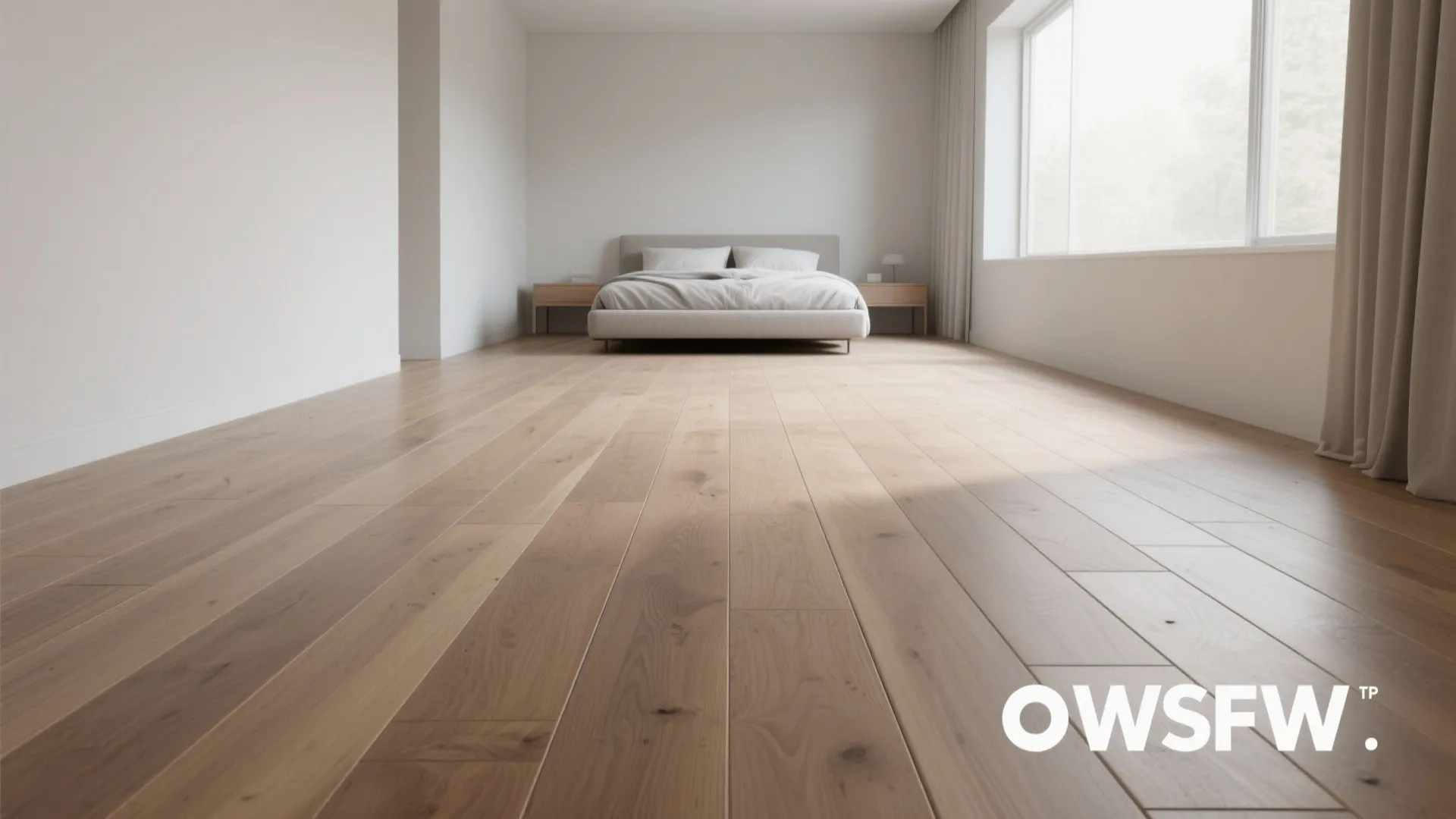 Narrow bedroom made to feel larger with wide-plank engineered wood flooring running the room length.