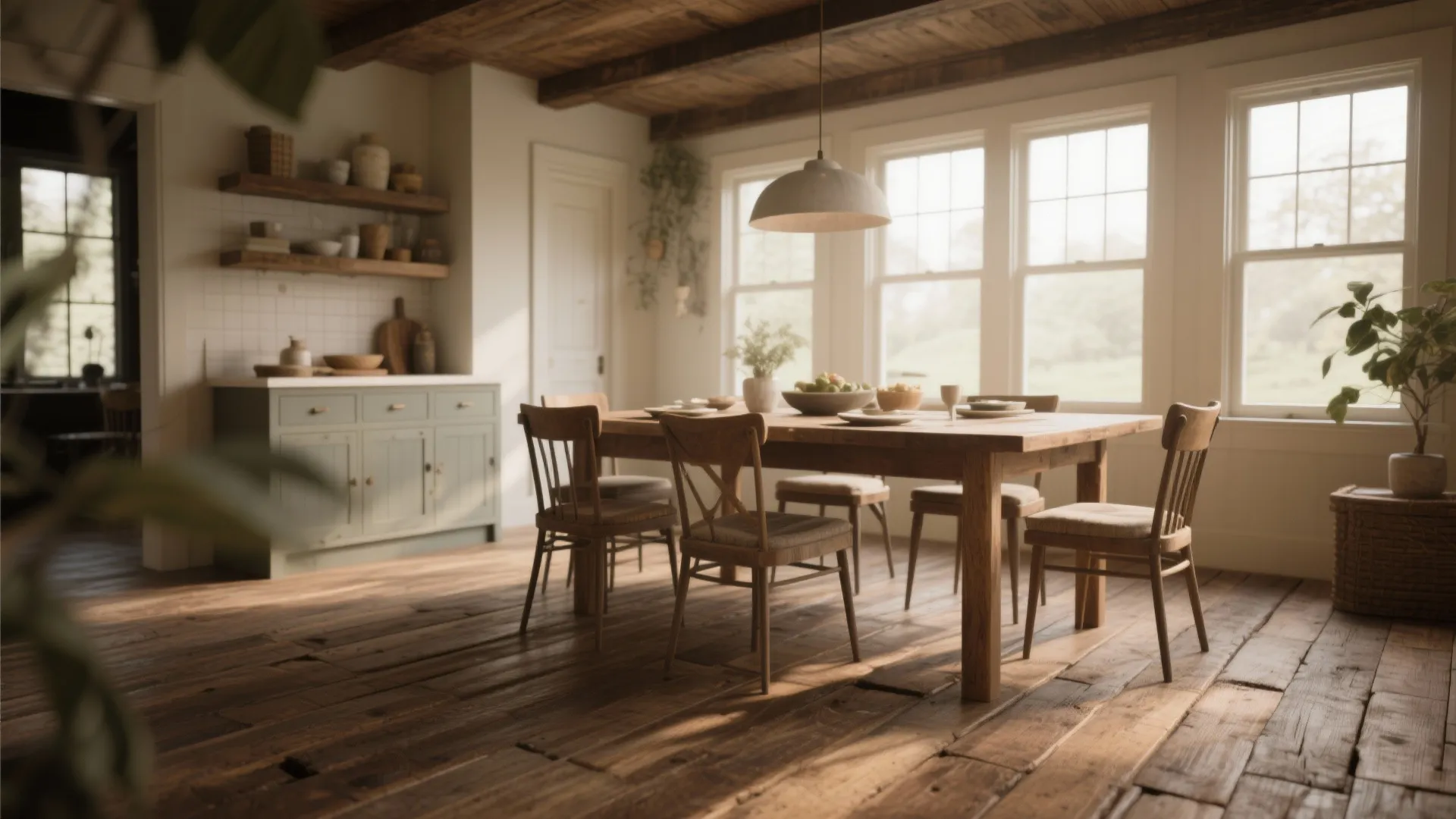 Rustic dining room with wooden table chairs wide plank flooring ceiling light and green kitchen cabinet