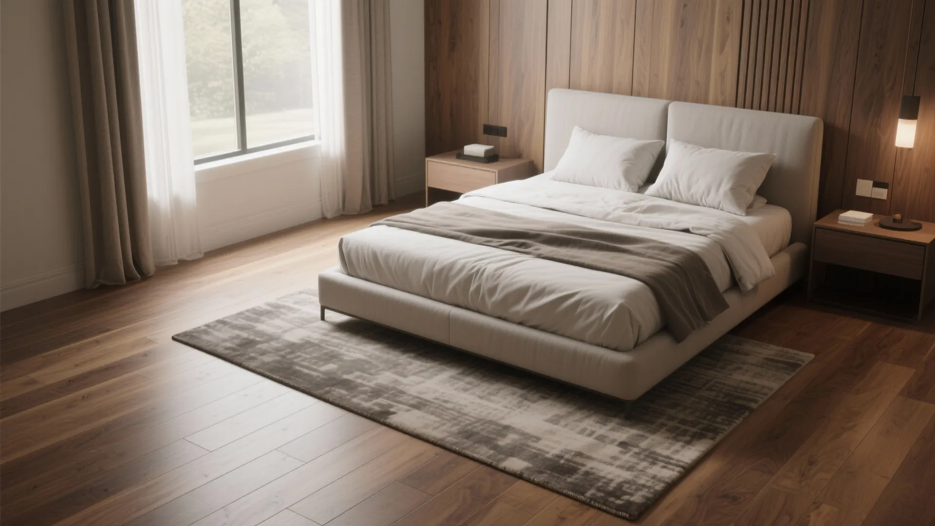 Modern bedroom featuring wide plank wood flooring, grey area rug, minimalist bed, and wood walls