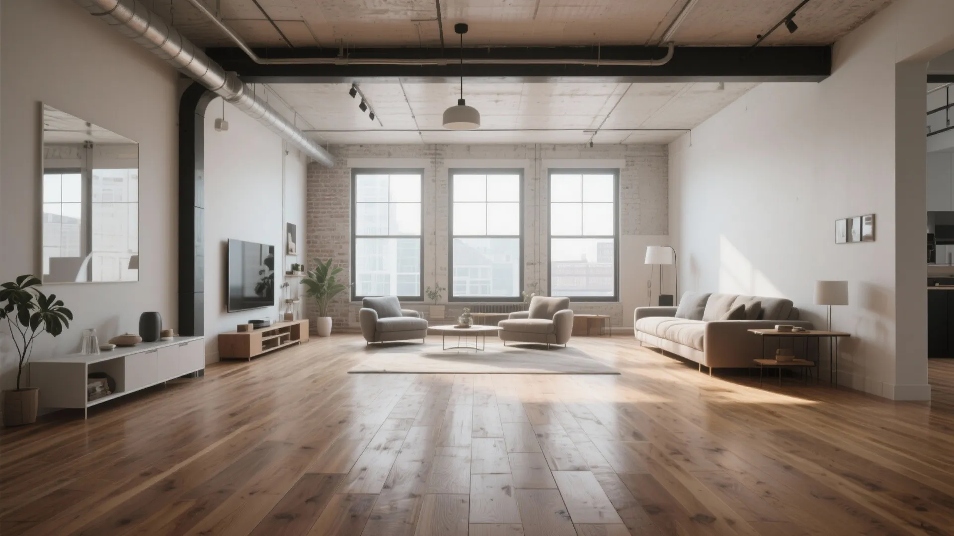 Modern loft with wide-plank hardwood floors and open layout