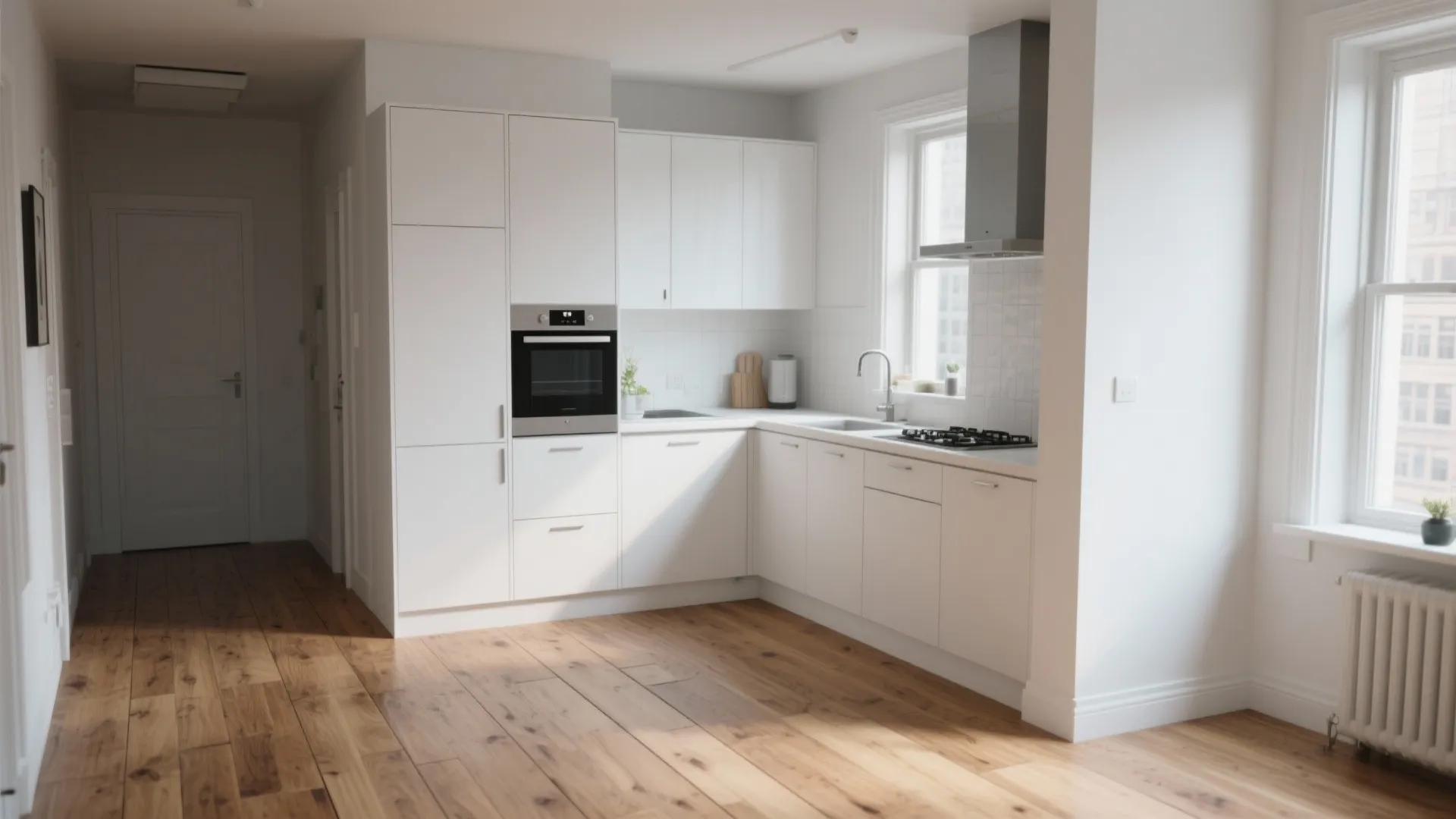 Modern white kitchen interior with wooden floor white cabinets built in oven and large windows