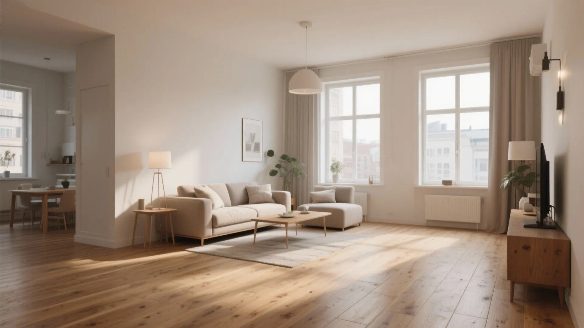 Urban apartment with wide-plank oak hardwood floor and airy feel