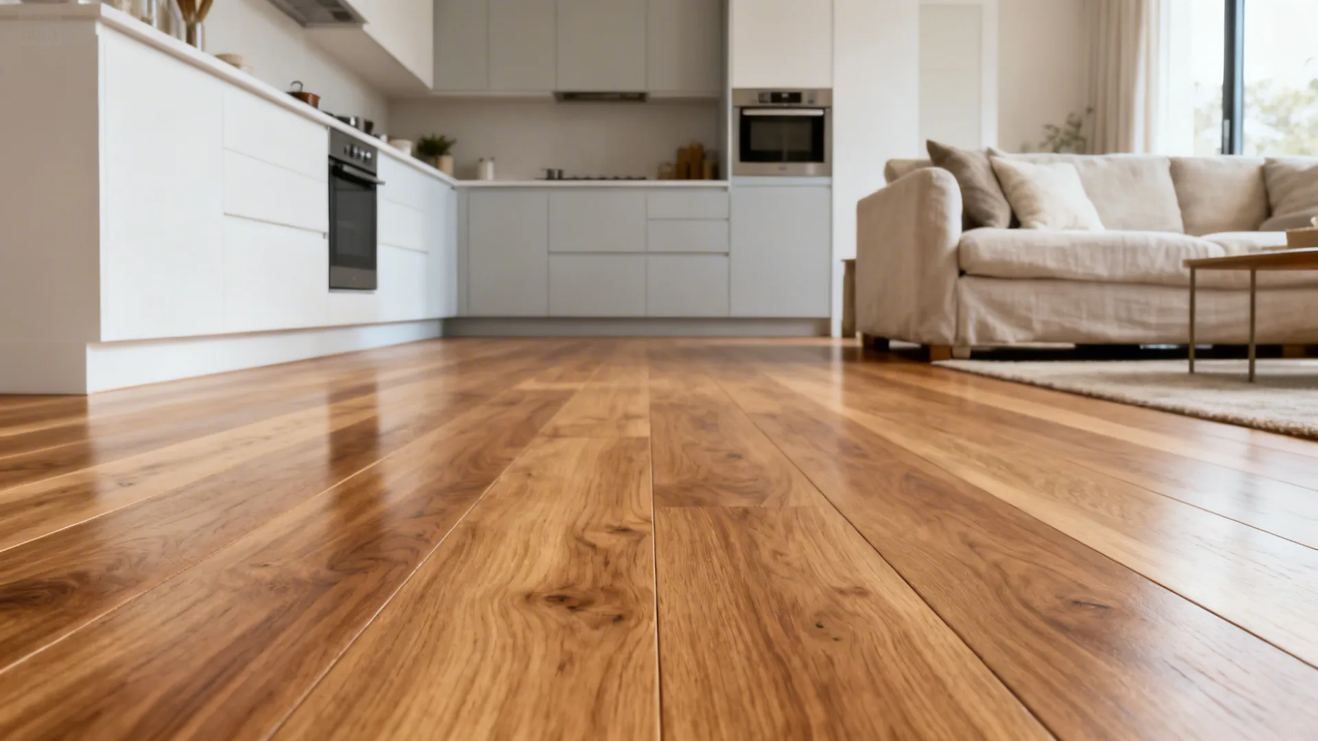 Compact open-plan space with continuous wide-plank engineered oak flooring.