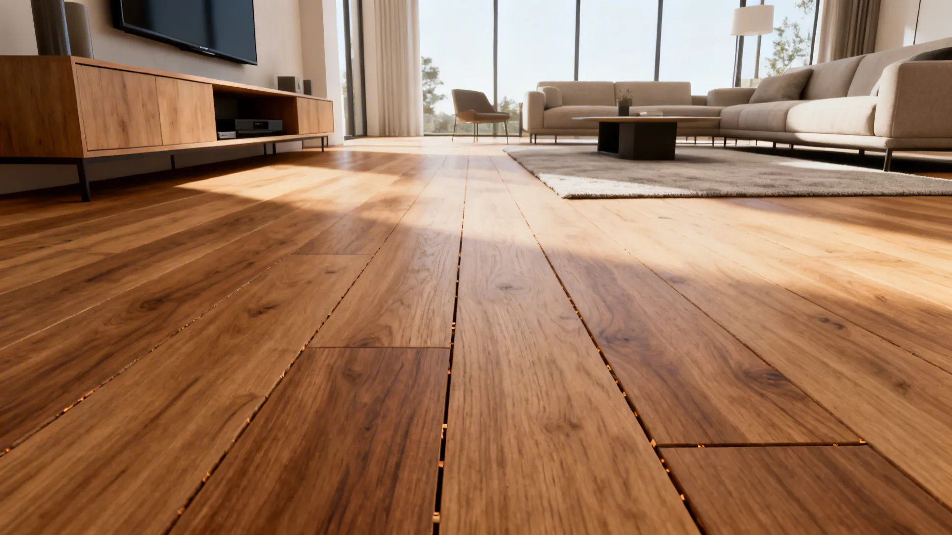 Open living room with wide oak planks running along the sightline, creating a spacious feel.