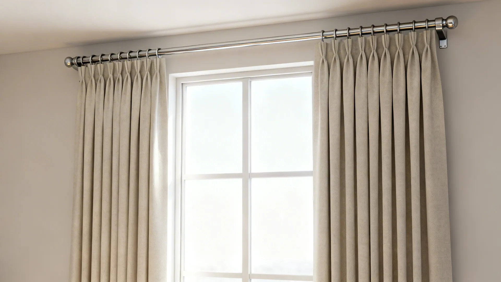 Narrow window with an extended rod and curtains stacked off the glass to increase perceived width