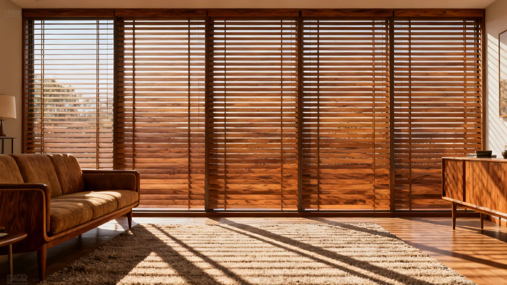 Mid-century living room with wide faux-wood slat blinds casting warm linear shadows.