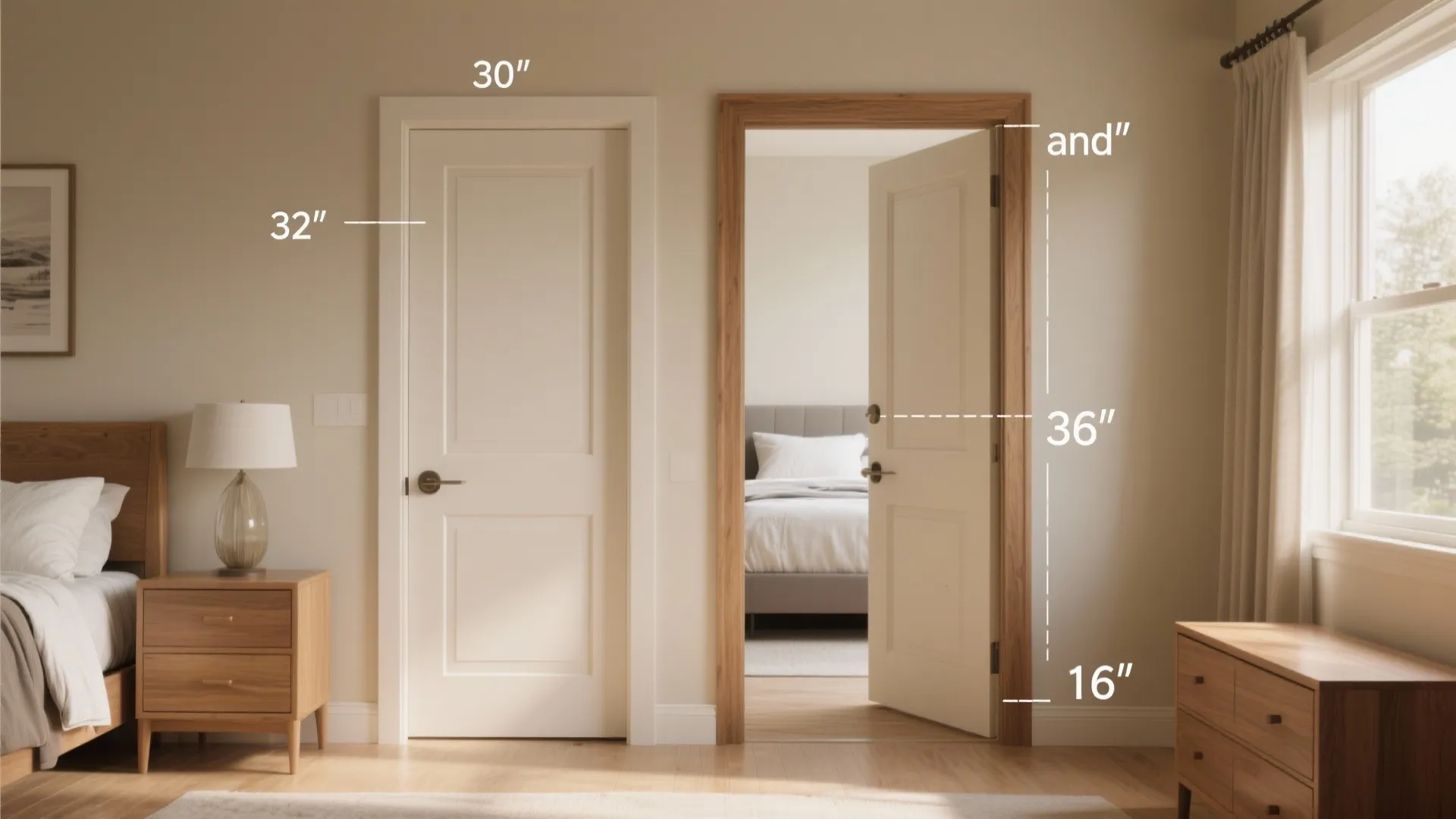 Comparison showing white closed door and wood open door with measurement labels for interior design