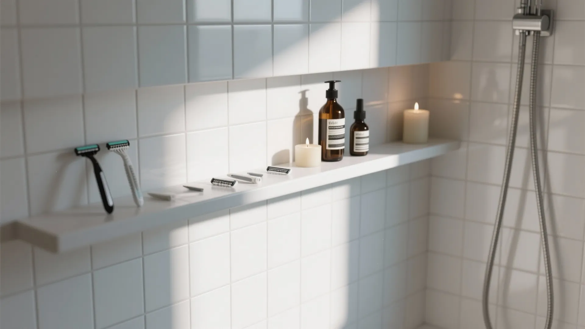 White tiled bathroom wall with long shelf holding razors brown bottles and two lit candles
