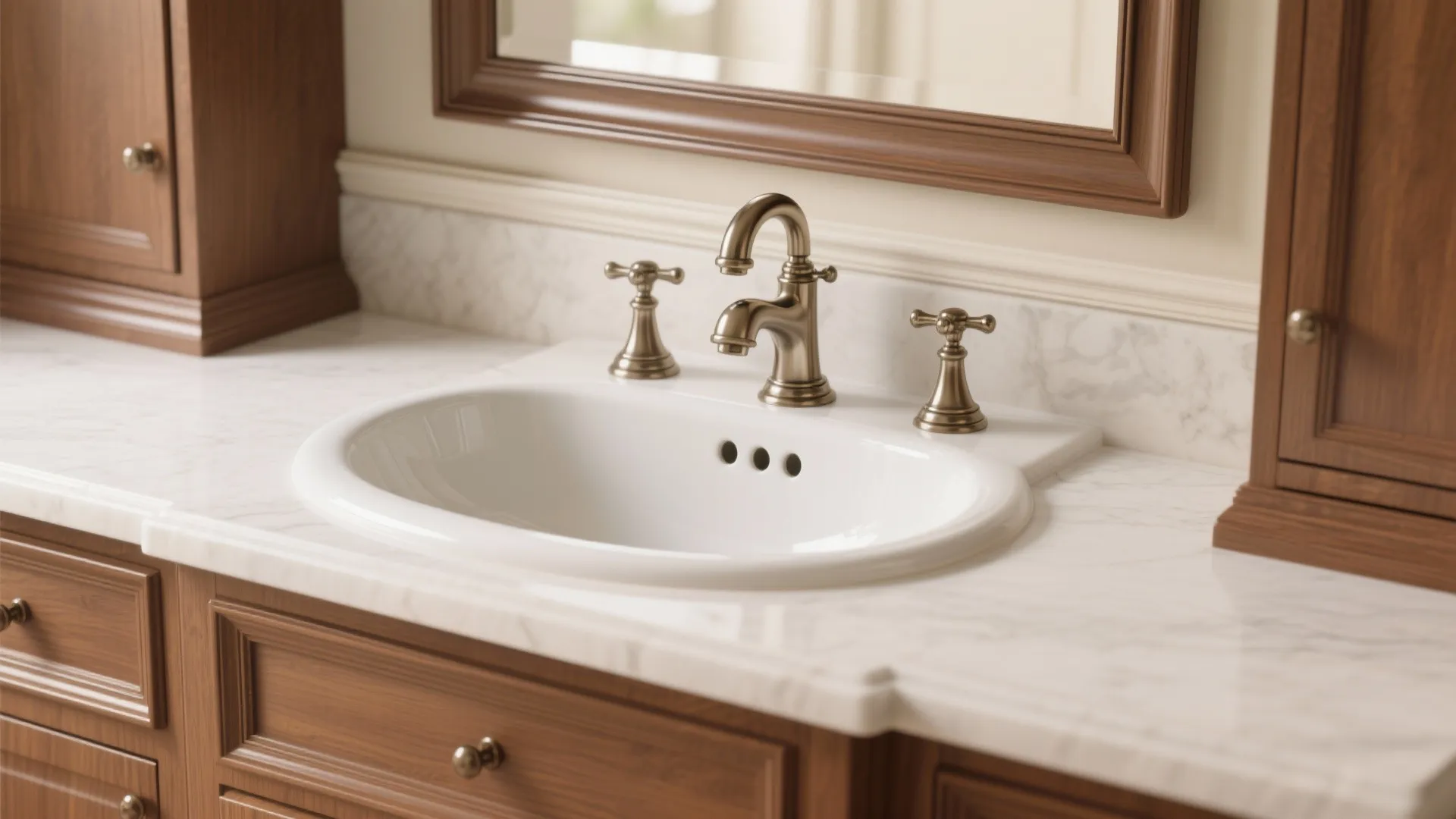 Traditional vanity with a classic widespread 3-hole faucet and separate handles, showing balanced spacing.