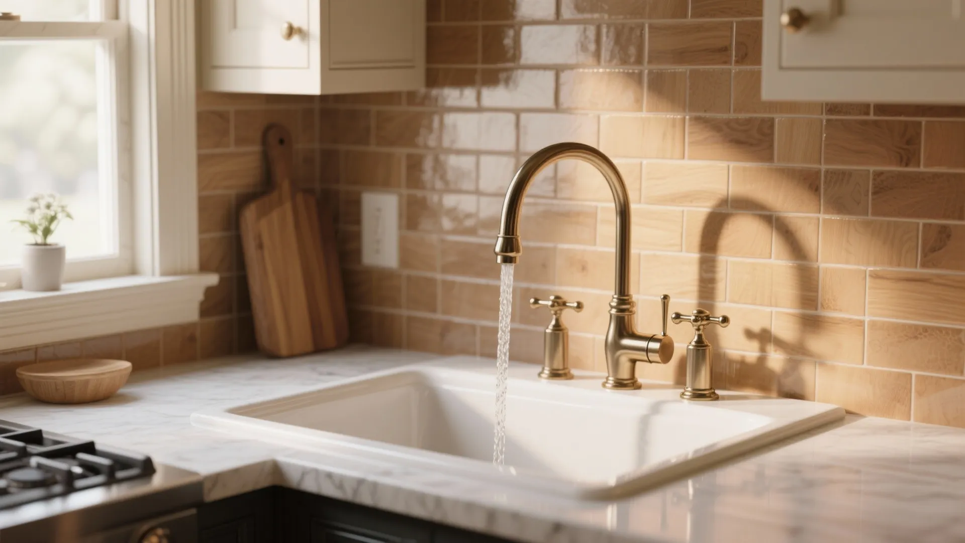 Classic gold faucet on white kitchen sink with brown wall tile and marble countertop design