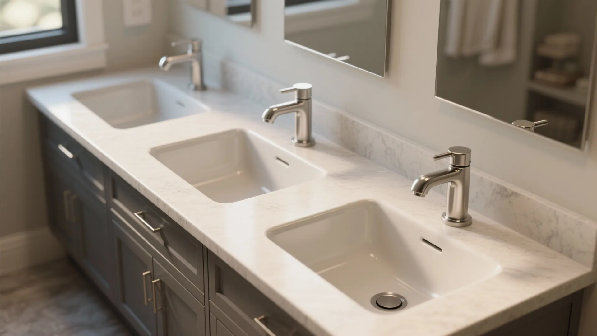 Modern bathroom with three white square sinks marble countertop silver water faucets and grey wooden cabinets
