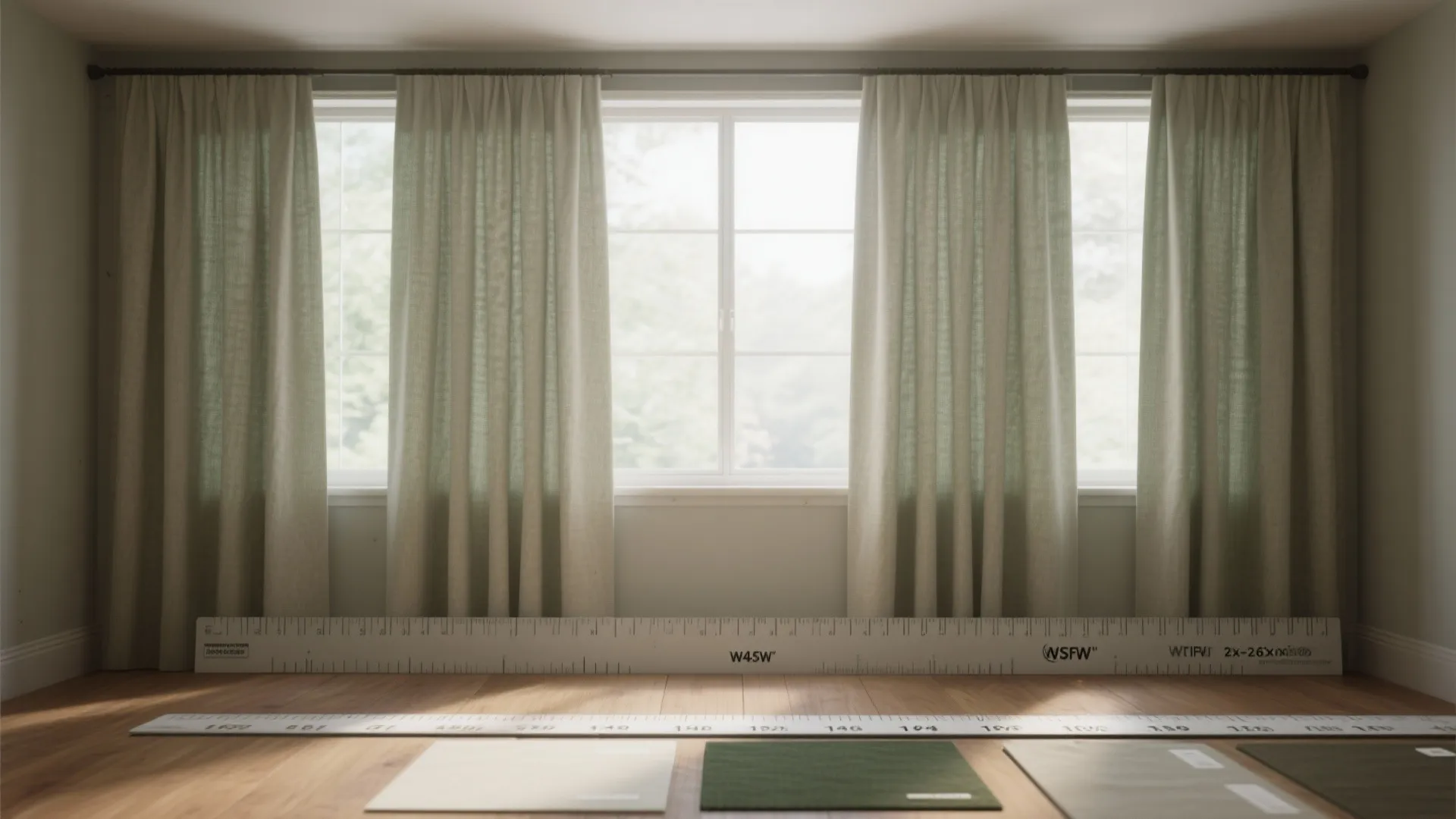 Empty room with curtains showing measuring rulers and fabric samples on a light wood floor