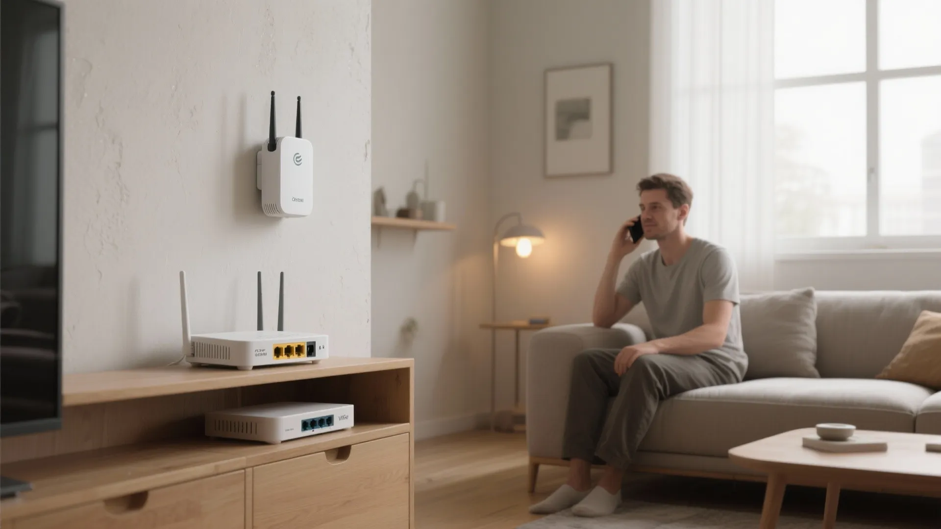 Modern living room with a man on phone and internet router equipment on wooden cabinet