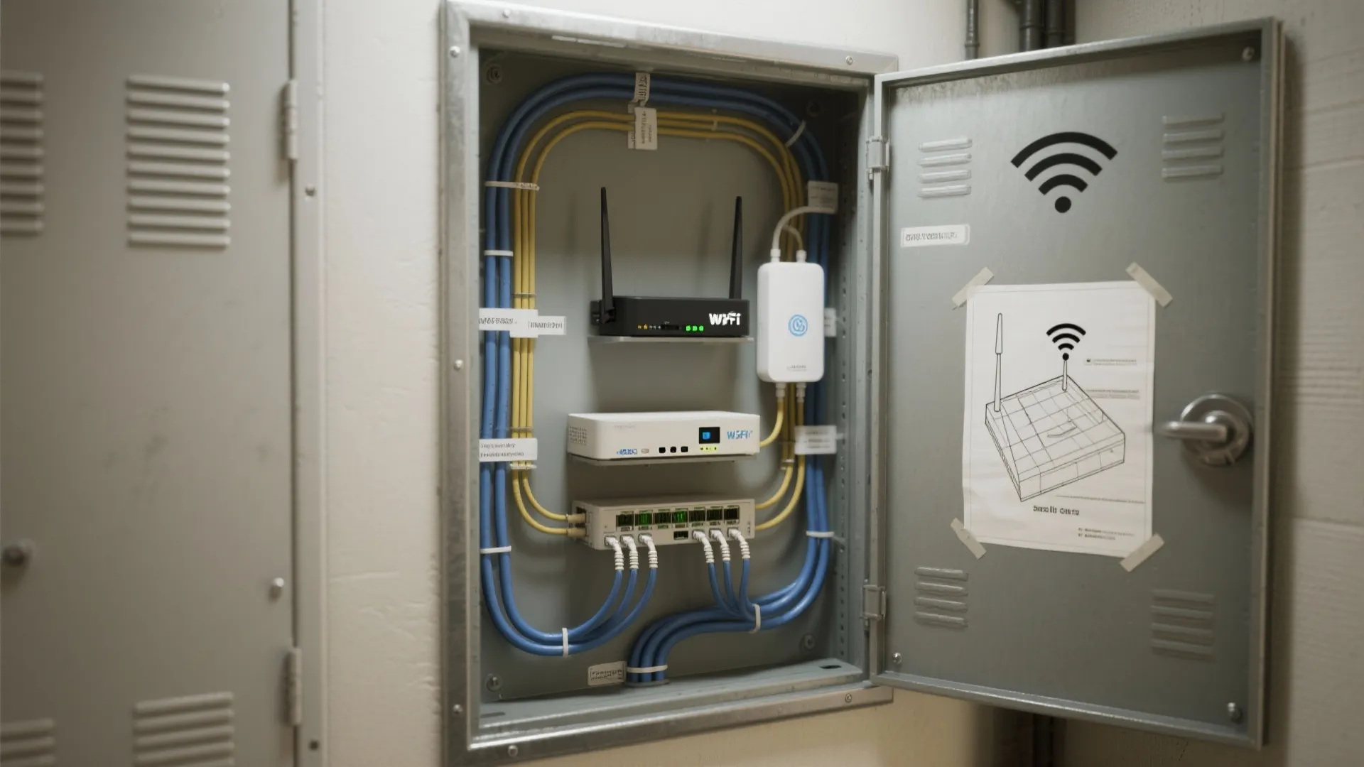 Utility closet with router, modem, and carrier small cell showing organized cable routing in a metal building.