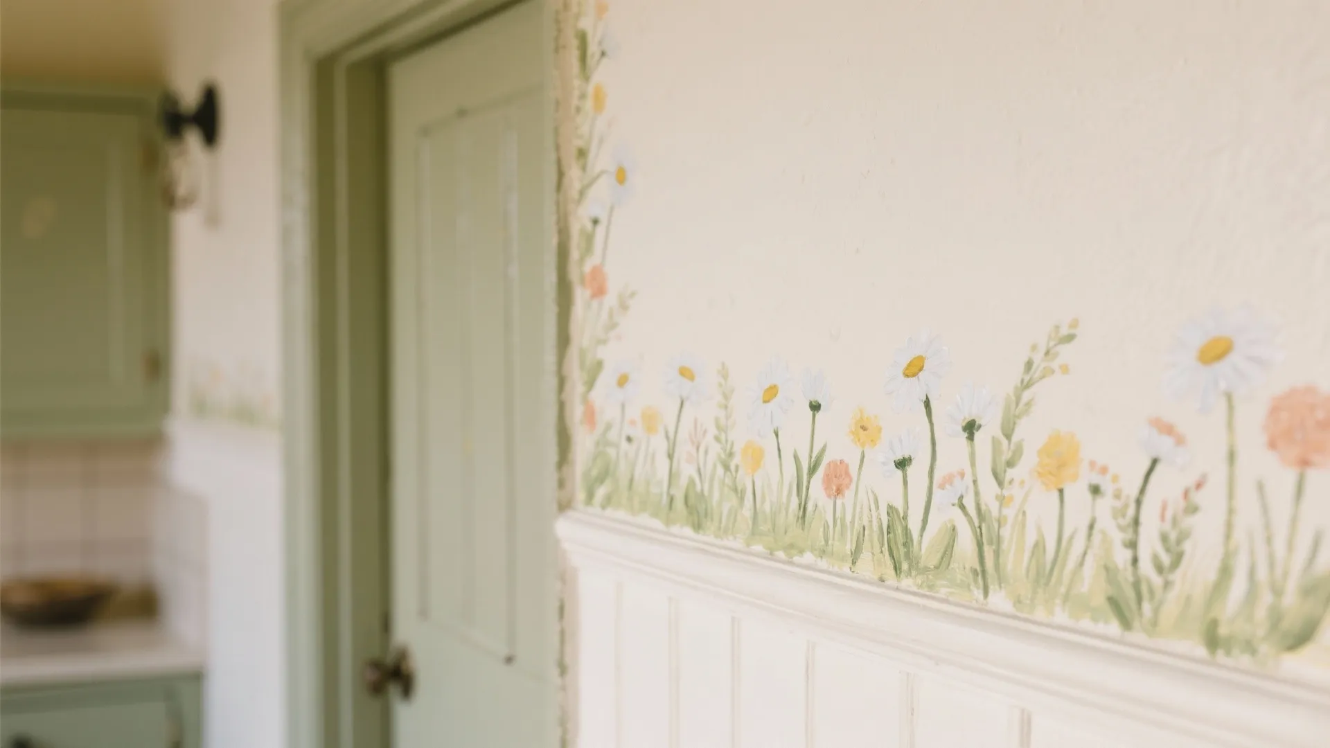 Close up of painted flower border on white wall panel near a light green door