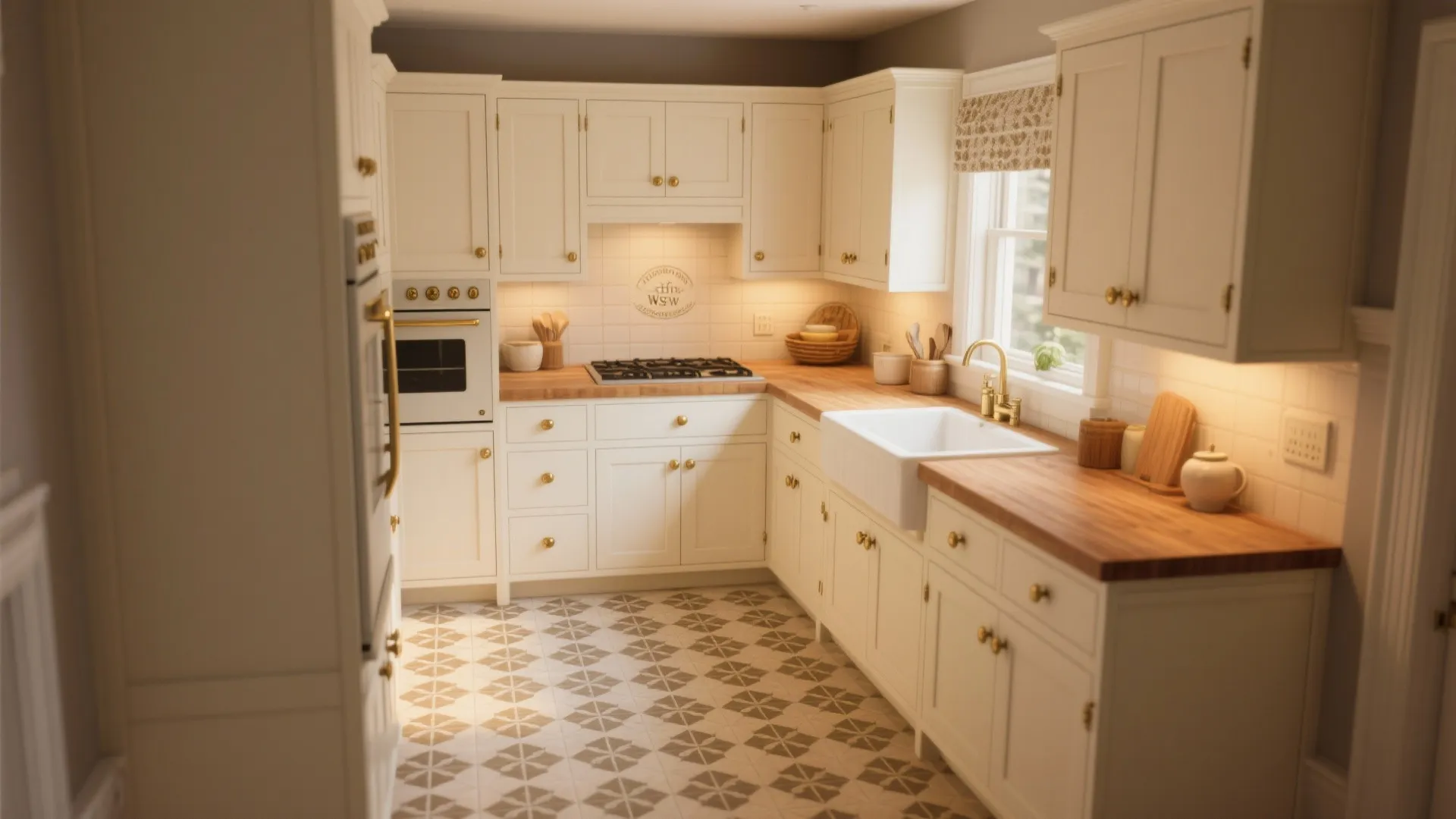 Cozy traditional kitchen with white cabinets wooden countertops gold faucets and patterned floor tile design