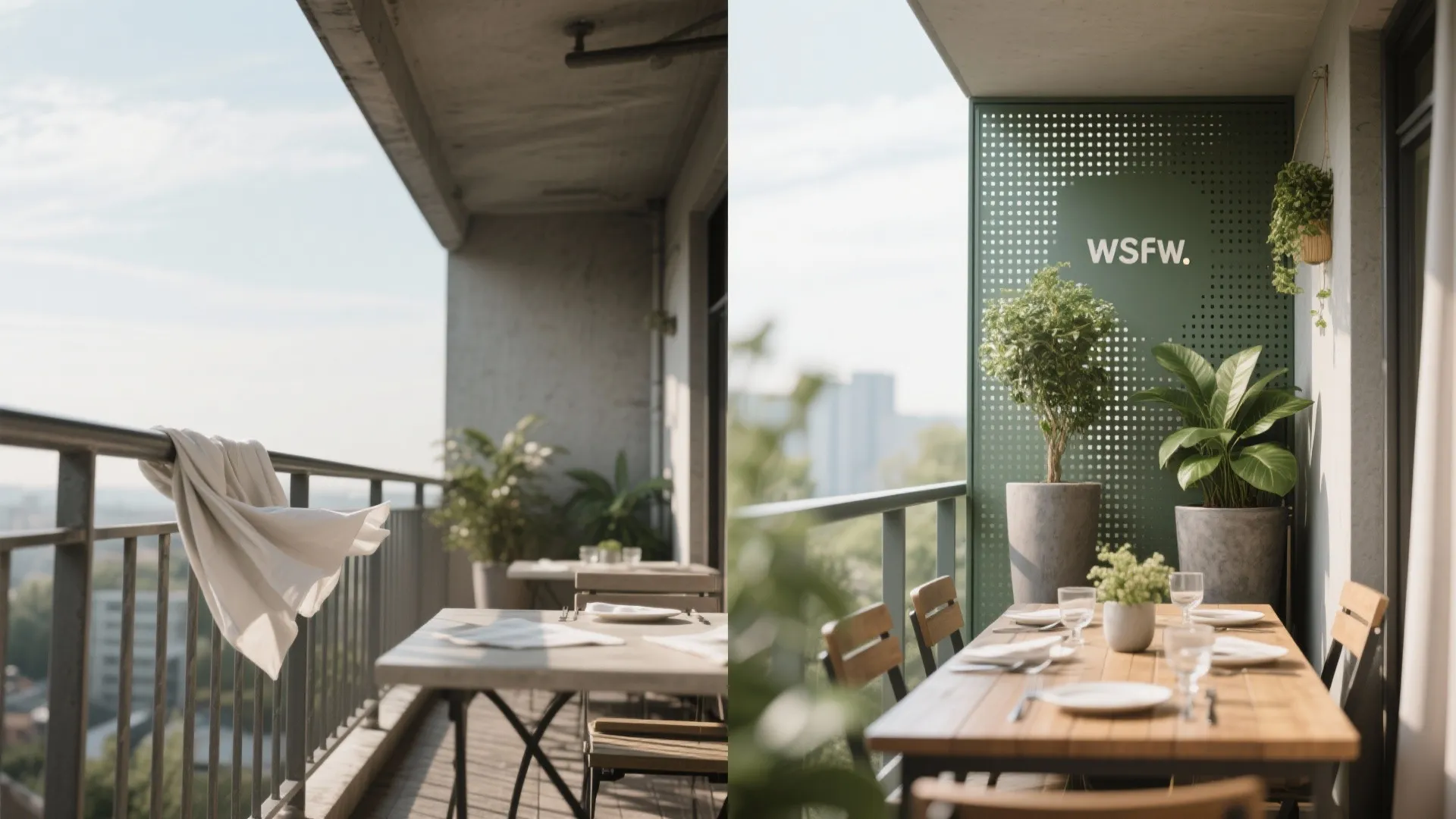 Before and after of a balcony adding a perforated screen and tall planters to reduce wind.