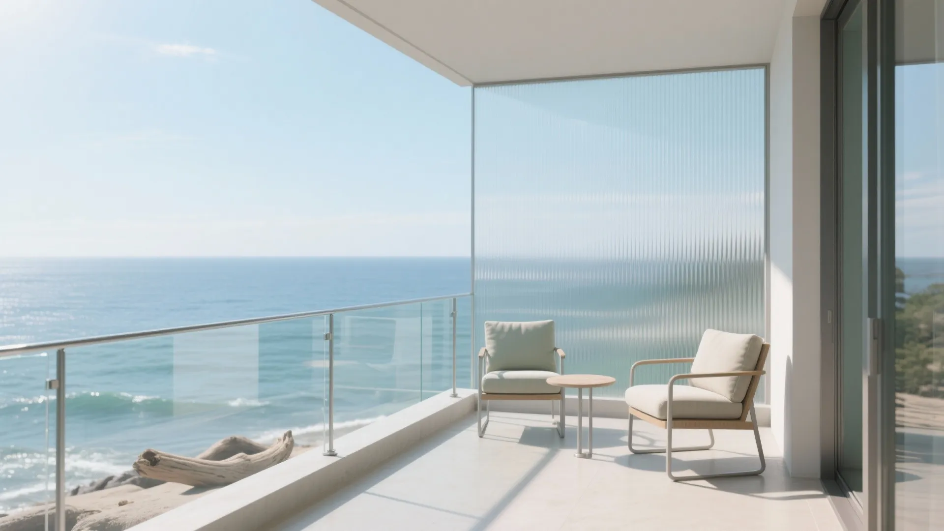 Modern sunny balcony with two chairs small table glass railing and beautiful blue ocean view