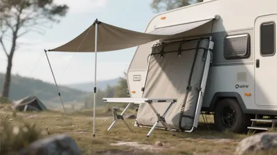 RV Camping Setup with Awning and Portable Table