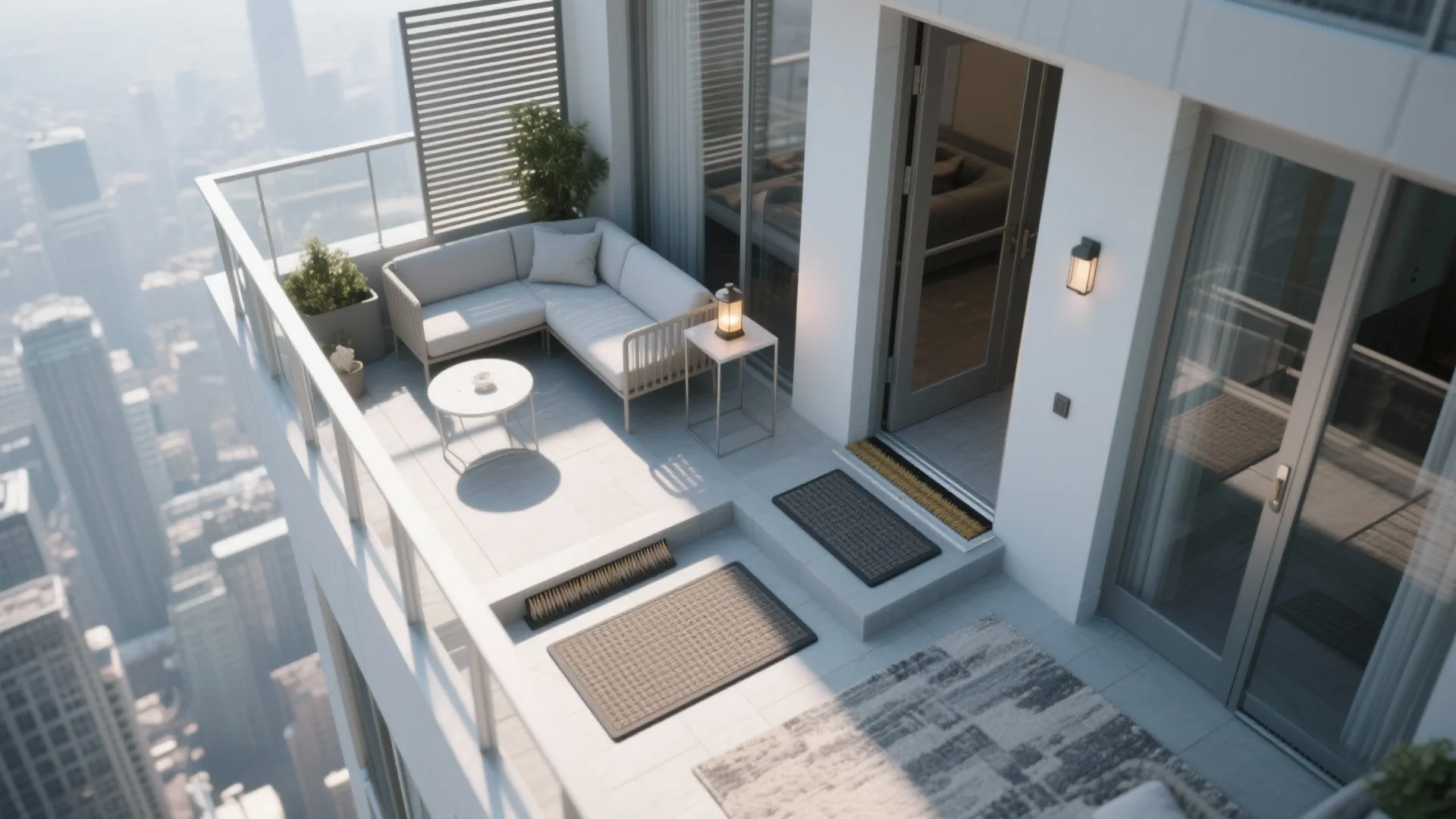 High rise balcony with white corner sofa coffee table and floor mats overlooking city skyline