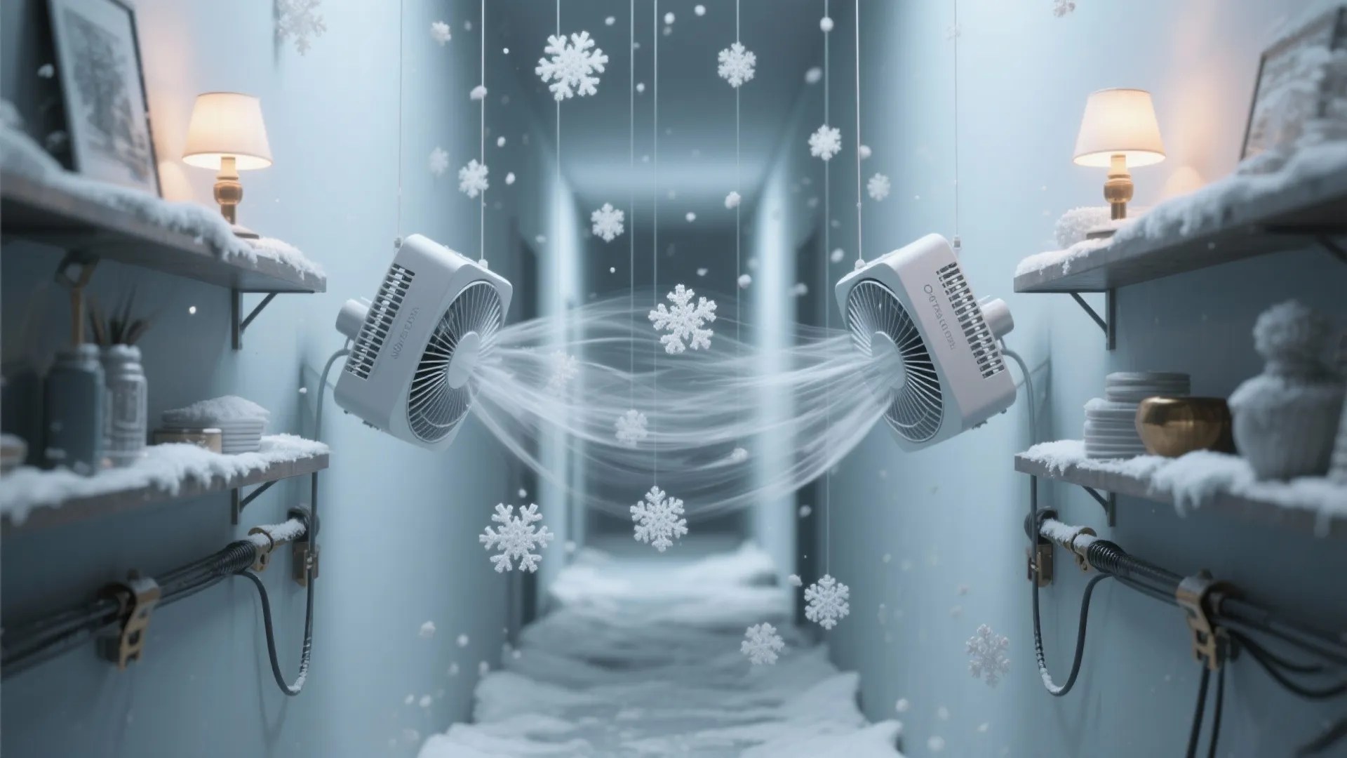 Two white electric fans blowing wind towards hanging paper snowflakes inside a narrow indoor hallway