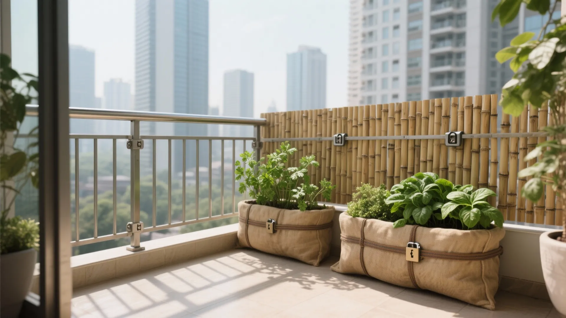 Apartment balcony with bamboo privacy screen green herb plants in burlap bags and city view